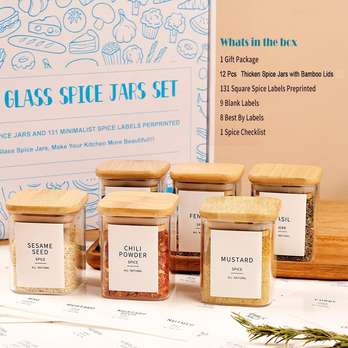 Set Di 24 Barattoli Per Spezie Rettangolari In Vetro Con Coperchio In Bambù – 120 Ml Con Etichette, Inserti E Imbuto – Organizer Da Cucina - 4