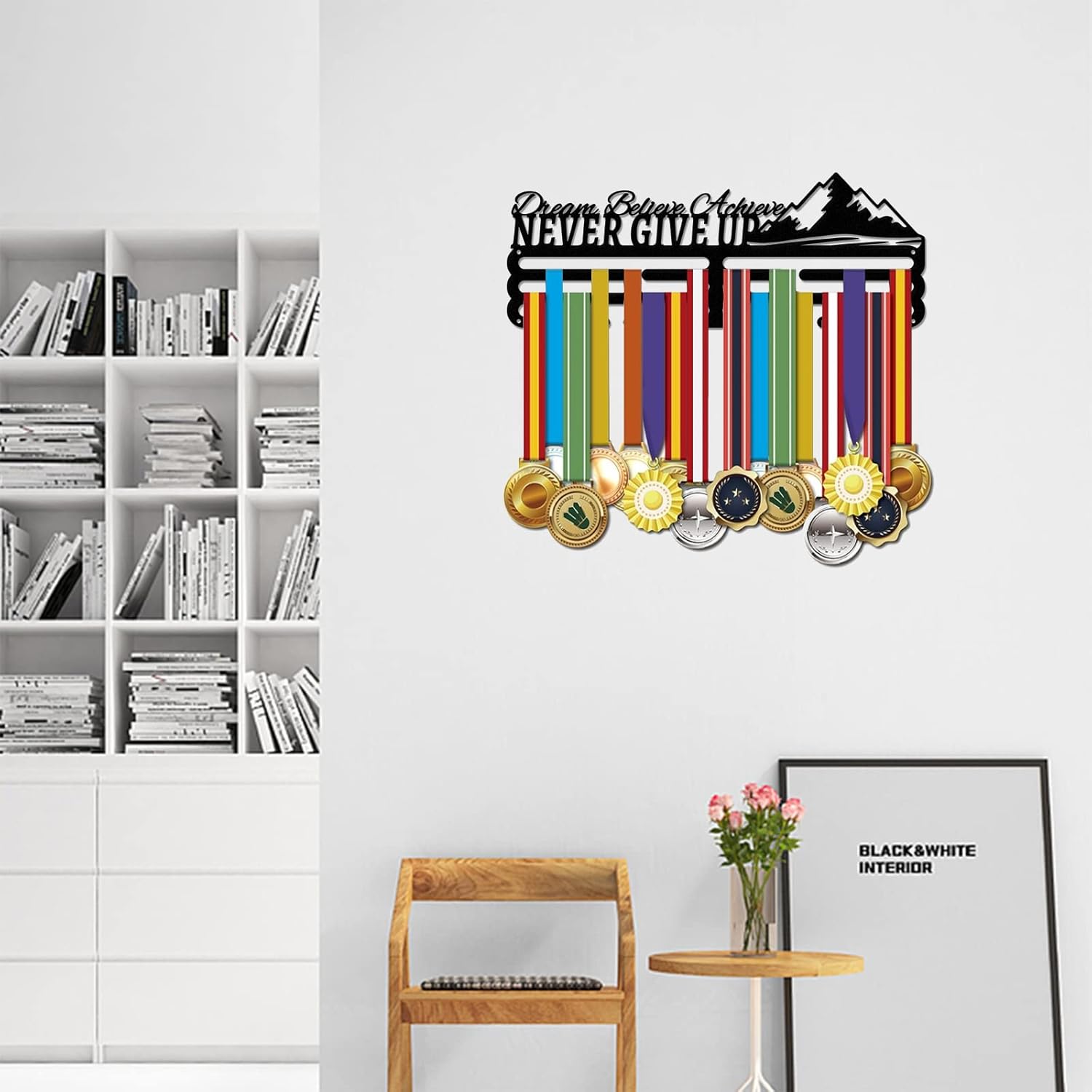 SUPERDANT Running Medal Hanger Display Sports Competition Medal Holder Motivational Never GIVE UP Hook for 60+ Medals Black Iron Wall Mounted Hooks Sports Medal Hangers Racks Bib Ribbon Holder