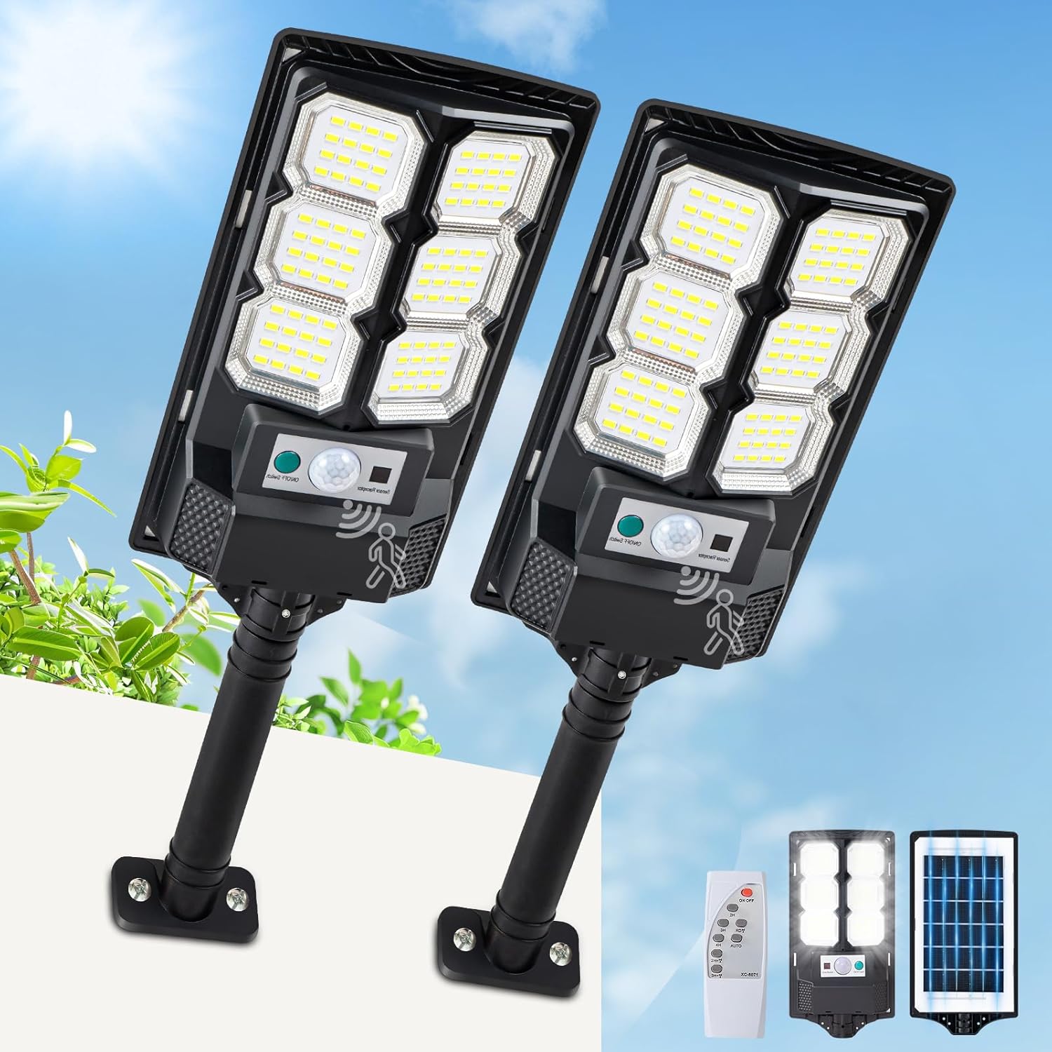 Solar Street Lights Outdoor, Rechargeable 6500K LED Flood Light with Smart Motion Sensor & Remote Control, Waterproof IP65 Security Lighting Dusk to Dawn for Outside Patio Yard，Easy Installation，2 Pcs