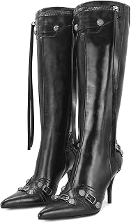 Dsevht Women's Black Stiletto Knee High Boots - Sexy Pointed Toe, Zipper, 3.74" Heel Faux Leather Trendy Boots