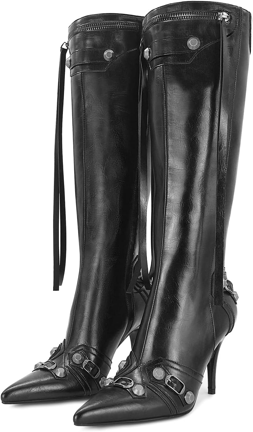 Women's Stiletto Black Knee High Boots Sexy Pointed Toe Boot Fashion Trendy High Heel Boots Zipper