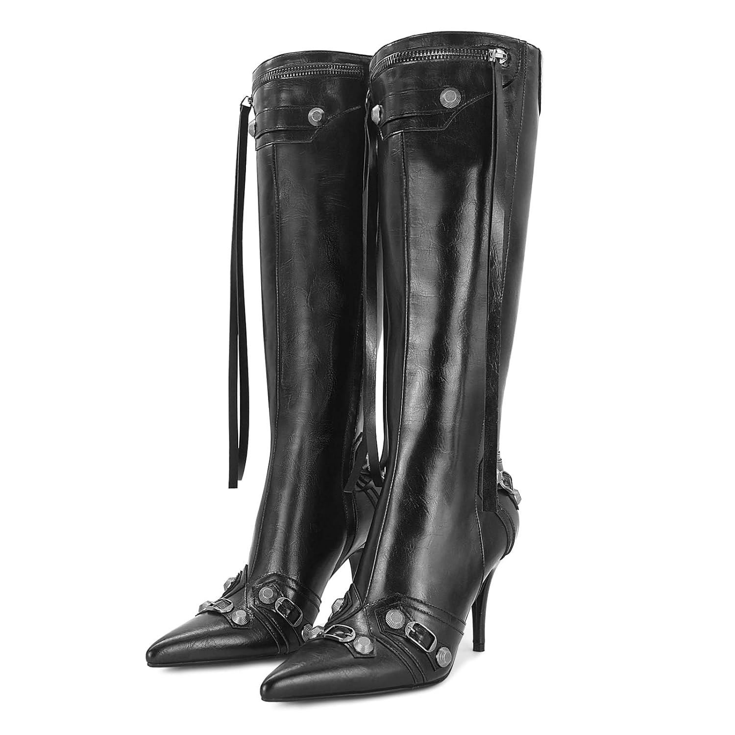 Dsevht Womens Stiletto Black Knee High Boots Sexy Pointed Toe Boot Fashion Trendy High Heel Boots Zipper