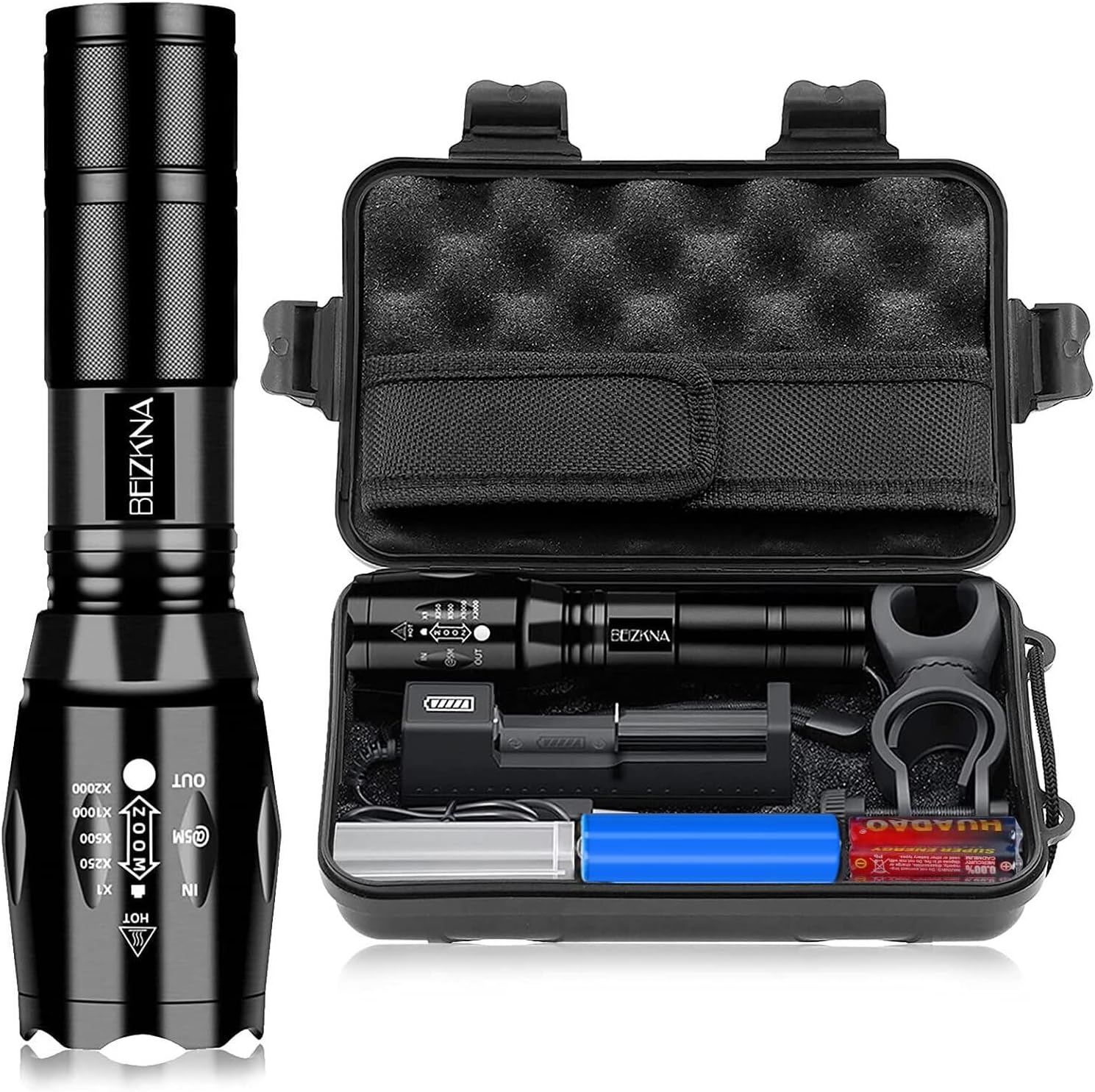 LED Torch Rechargeable Torches Super Bright 2000L Battery Powered Powerful Flashlight L2 CREE Adjustable Focus 5 Modes IP65 Waterproof Outdoor Handheld Pocket Flash Light for Camping Hiking Emergency