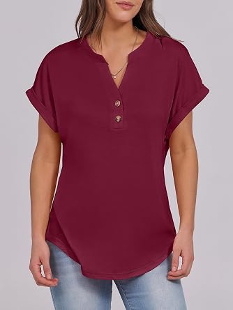 ANRABESS Womens Short Sleeve Henley Tops V Neck Dressy Casual Blouses Summer Trendy Tee Shirts 2026 Vacation Fashion Clothes