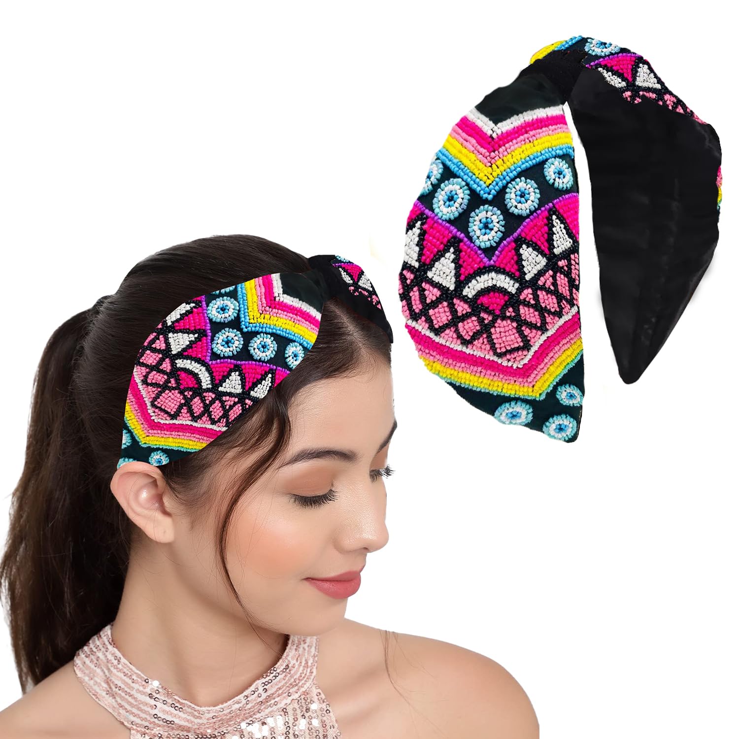 lykaa Women's Cotton Floral Printed Embroidered Embellished Fabric Headband Hair Accessories and Band Headband For Women Jewellery Accessory - Pack of 1 (Black)-picture-32