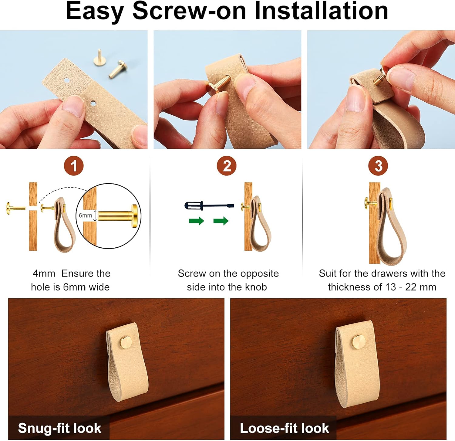 BBTO 24 Pieces PVC Leather Drawer Pulls Handmade PVC Leather Cabinet Furniture Knobs Handle Wardrobe Door Handle Pulls Knob for Dresser Drawers Cabinet(Light Brown)