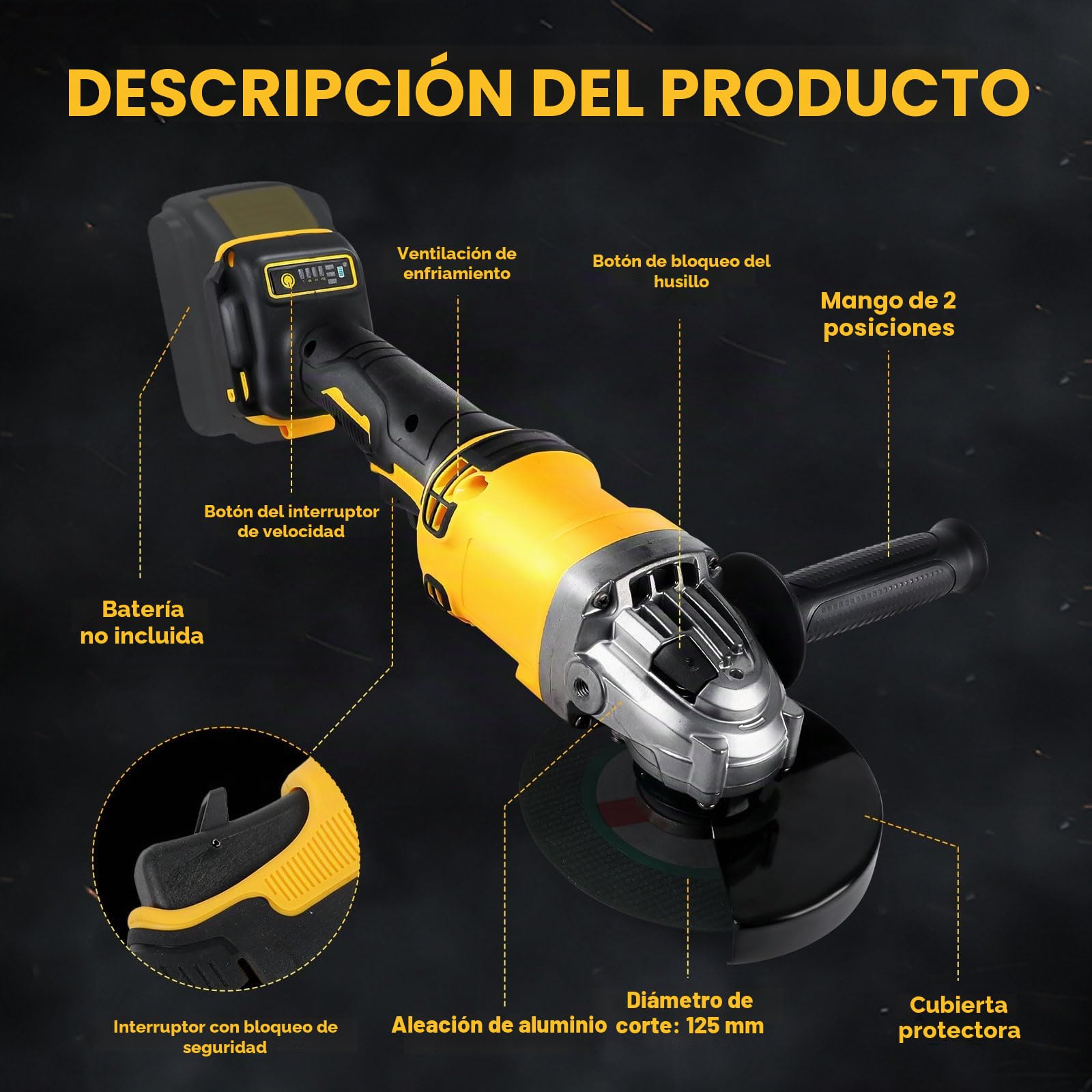 Amoladora angular inalámbrica para Dewalt, 125 mm, 10.000 rpm, herramienta de separación, amoladora eléctrica, motor sin escobillas con 6 discos de corte para cortar madera, plástico, metal pulido