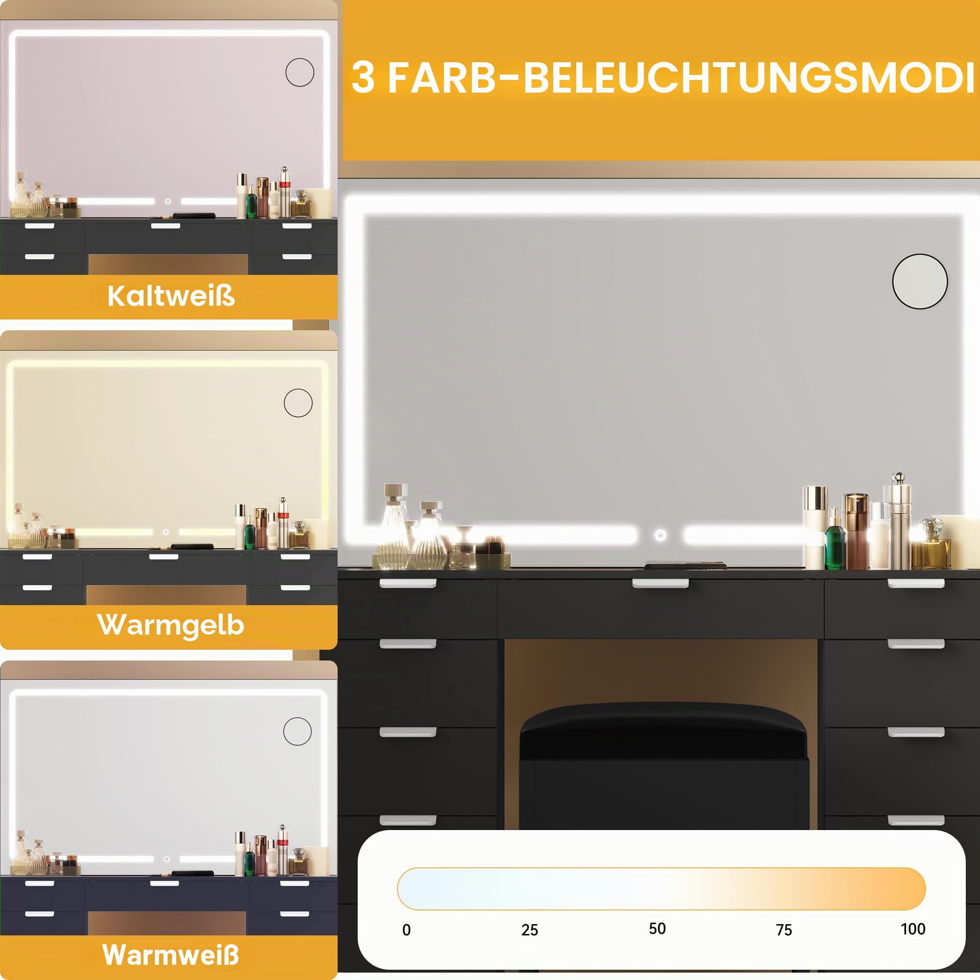 DWVO Schminktisch mit Spiegel, Kosmetiktisch mit 11 Schubladen, Beleuchtung, Steckdose, schwarz (Make Up Tisch, Frisiertisch, Kosmetiktisch, Vanity Table)
