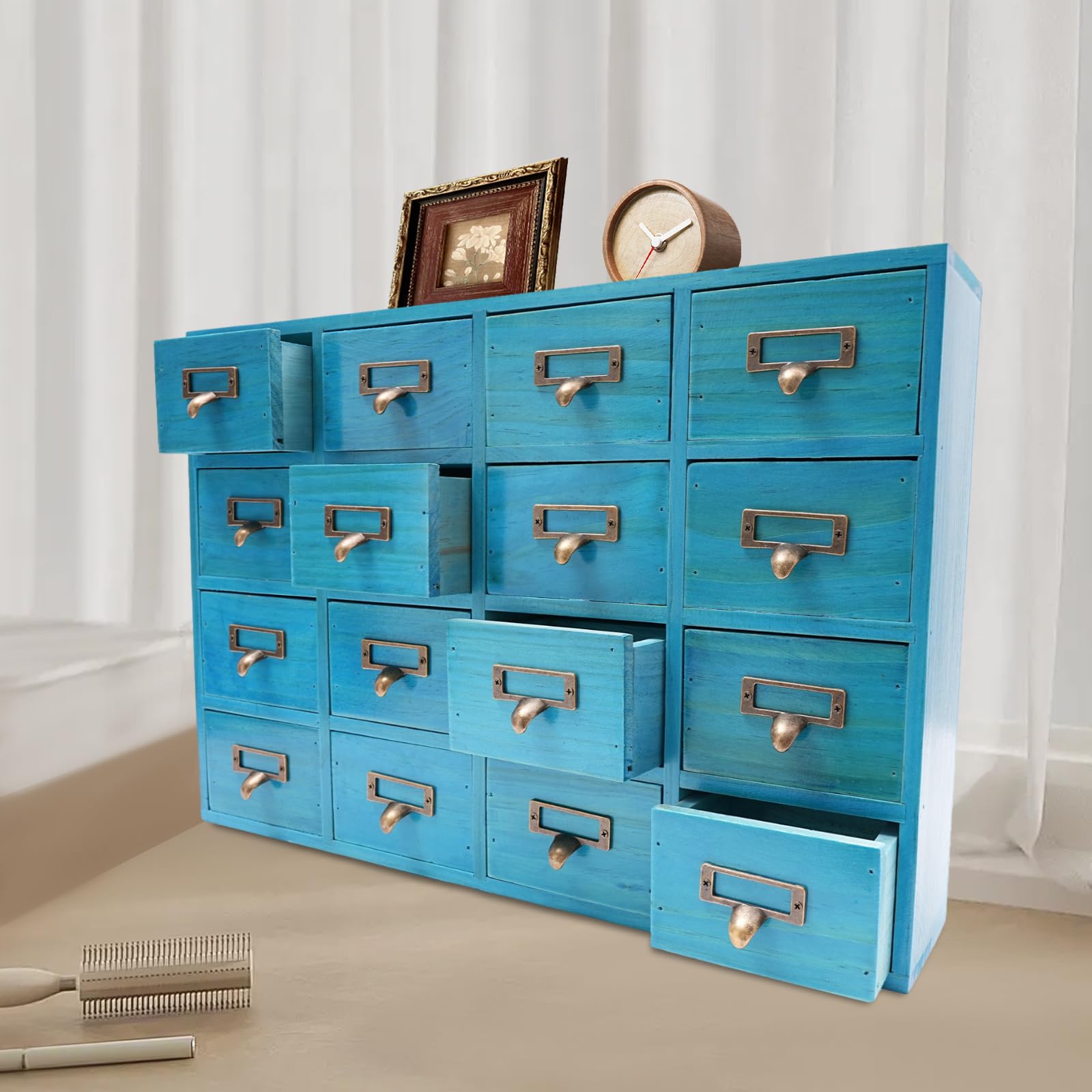 Organizer da scrivania in legno, con 16 cassetti, può essere utilizzato in soggiorno, nella cassettiera in cucina, in ufficio, blu, 50,5 x 9,5 x 35 cm