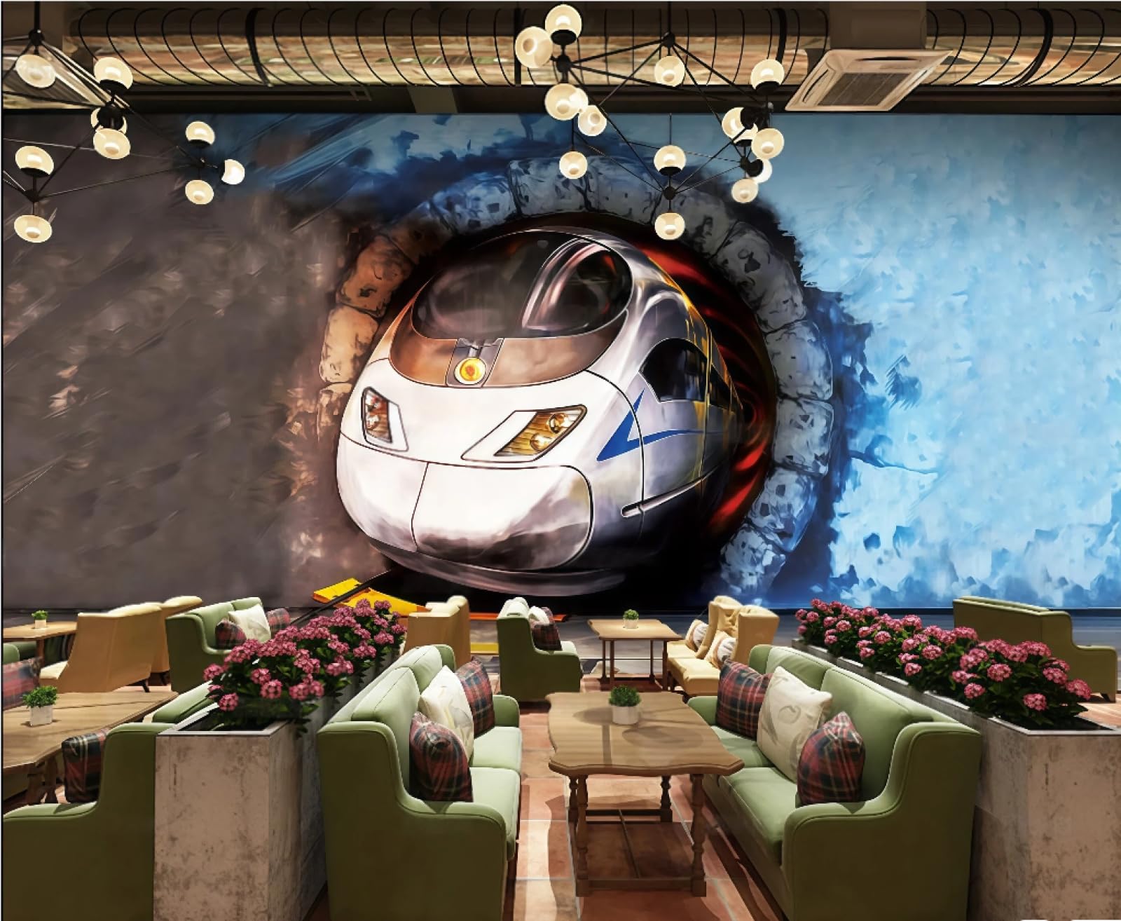 Tapeta retro kamień trójwymiarowy osobowość pociąg przez ścianę motyw baru zachodnia restauracja tło fototapeta popołudniowa herbata kawiarnia tapeta 3D, 400 x 280 cm
