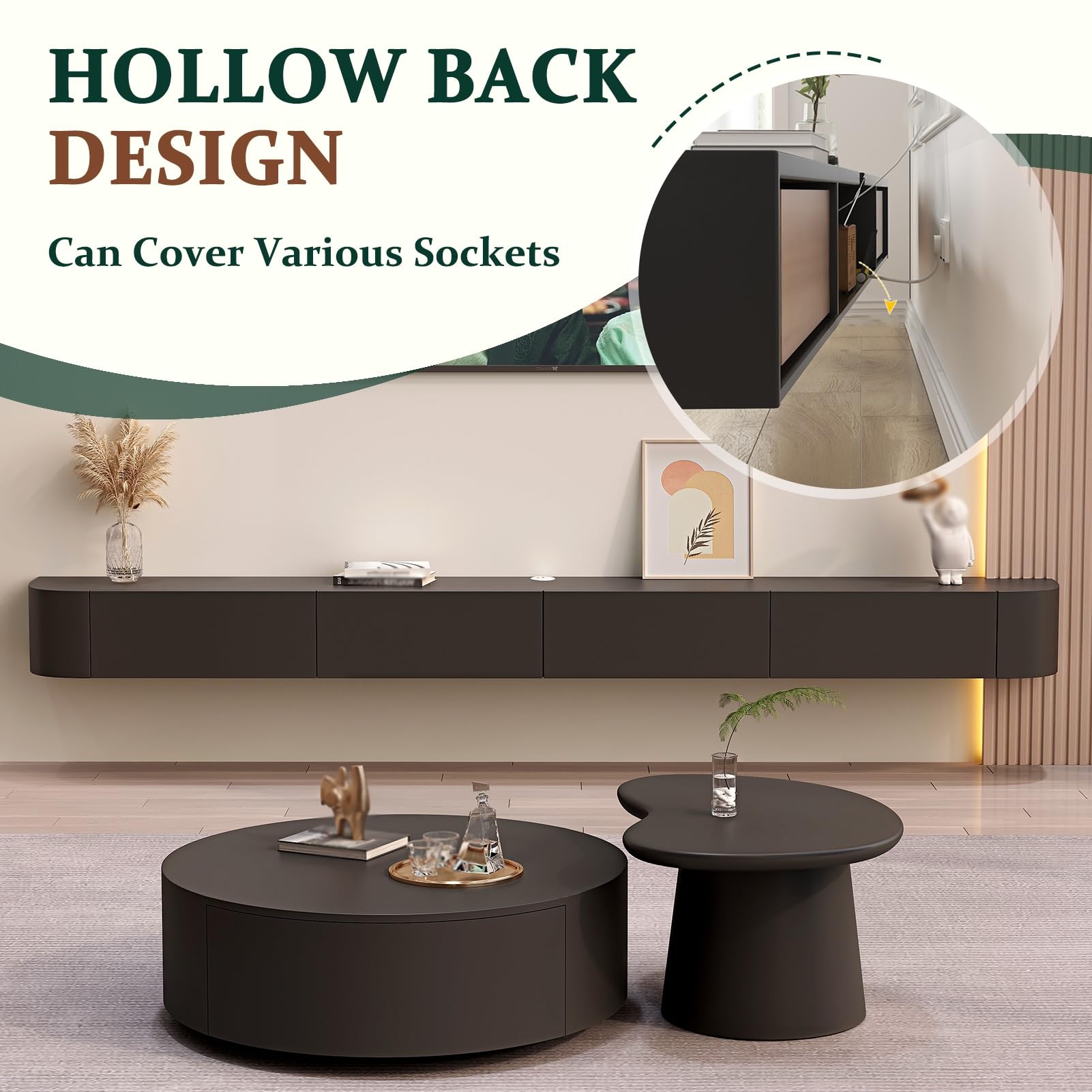 Entertainment-Center Aus Massivholz Mit Großem Stauraum Und Regalen Wandmontierter TV-Aufbewahrungsschrank Mit Tür Modernes Schwebendes TV-Möbel Mit Schublade Schlanker TV-Schrank(Schwarz,140cm)