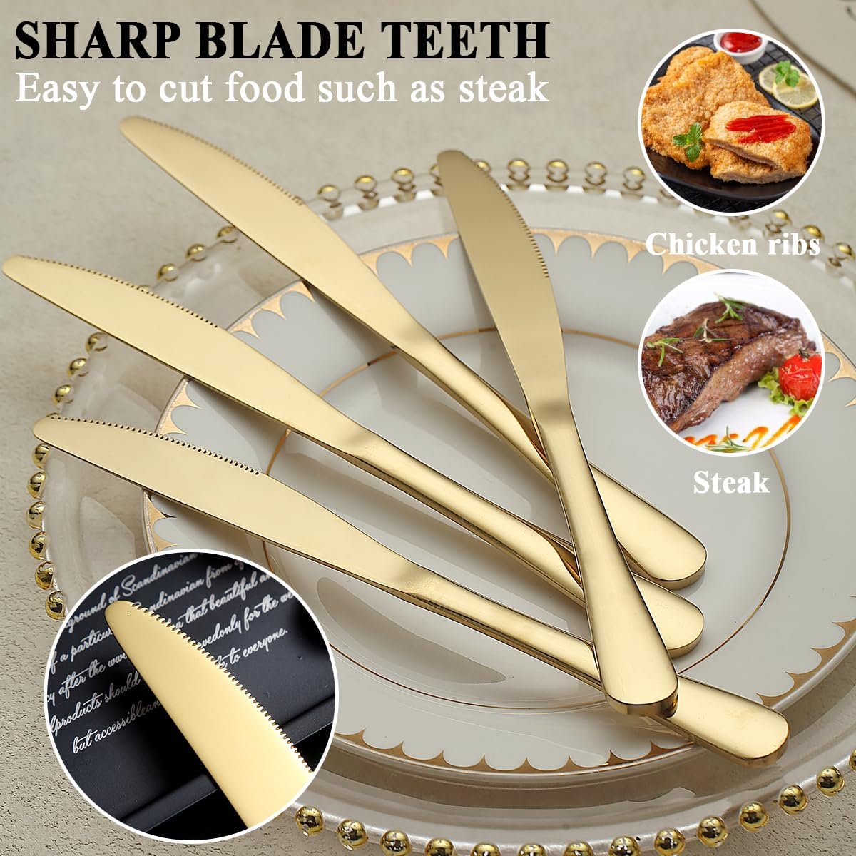 Gold Dinner Knives Set of 12 Pieces, Stainless Steel Titanium Gold Plating Butter Knife, Table Knives for Home, Restaurant, Hotel, Wedding, Events
