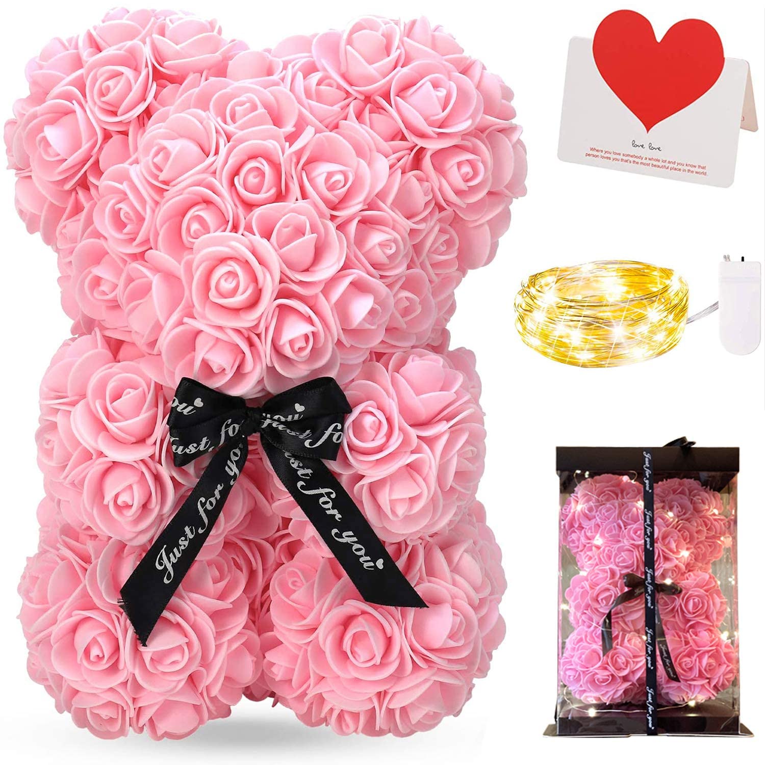 KASTWAVE Rose Bear, Hand Made Rose Teddy Bear Flowers, Rose Bear with Lights, Best Gift for Valentines Day, Anniversary, Mothers Day, Birthdays, Including Transparent Gift Box and Love Card (Pink)