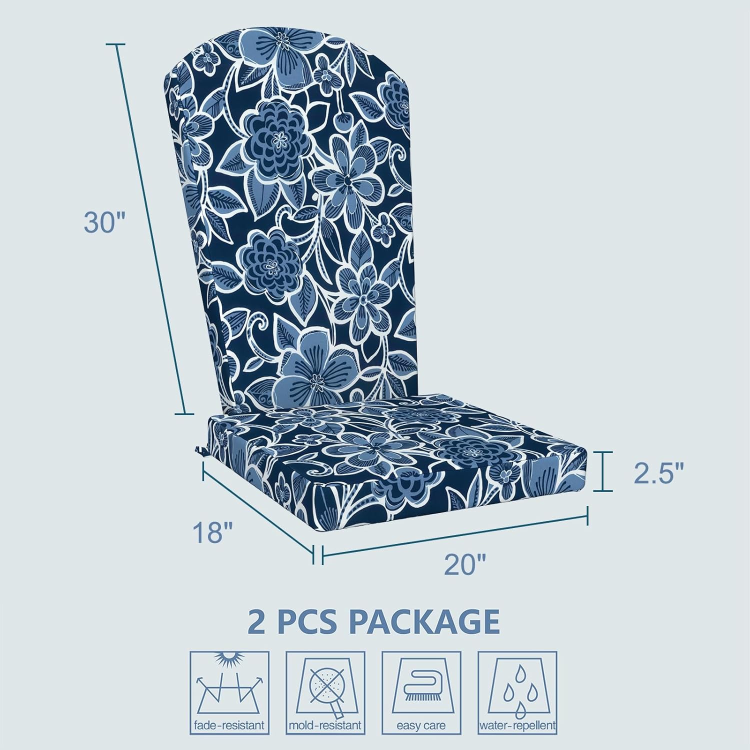 LVTXIII Adirondack Chair Cushions 48x20x2.5 Inch, Water Repellent, Fade Resistant, High Back Outdoor Rocking Chair Cushions for Patio Furniture, 2 Pack, Flower Navy