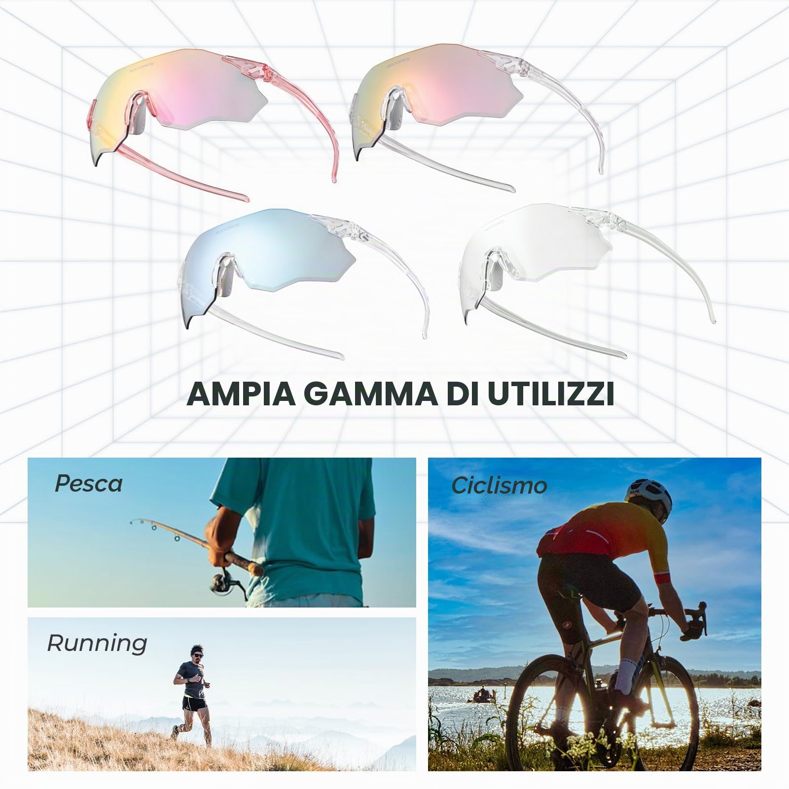 ROCKBROS Occhiali Ciclismo Fotocromatiche Uomo Donna Senza Montatura | Protezione UV400, Regolabile Leggero Antiscivolo, Occhiali da Sole per Bici MTB Corsa Pesca Guida
