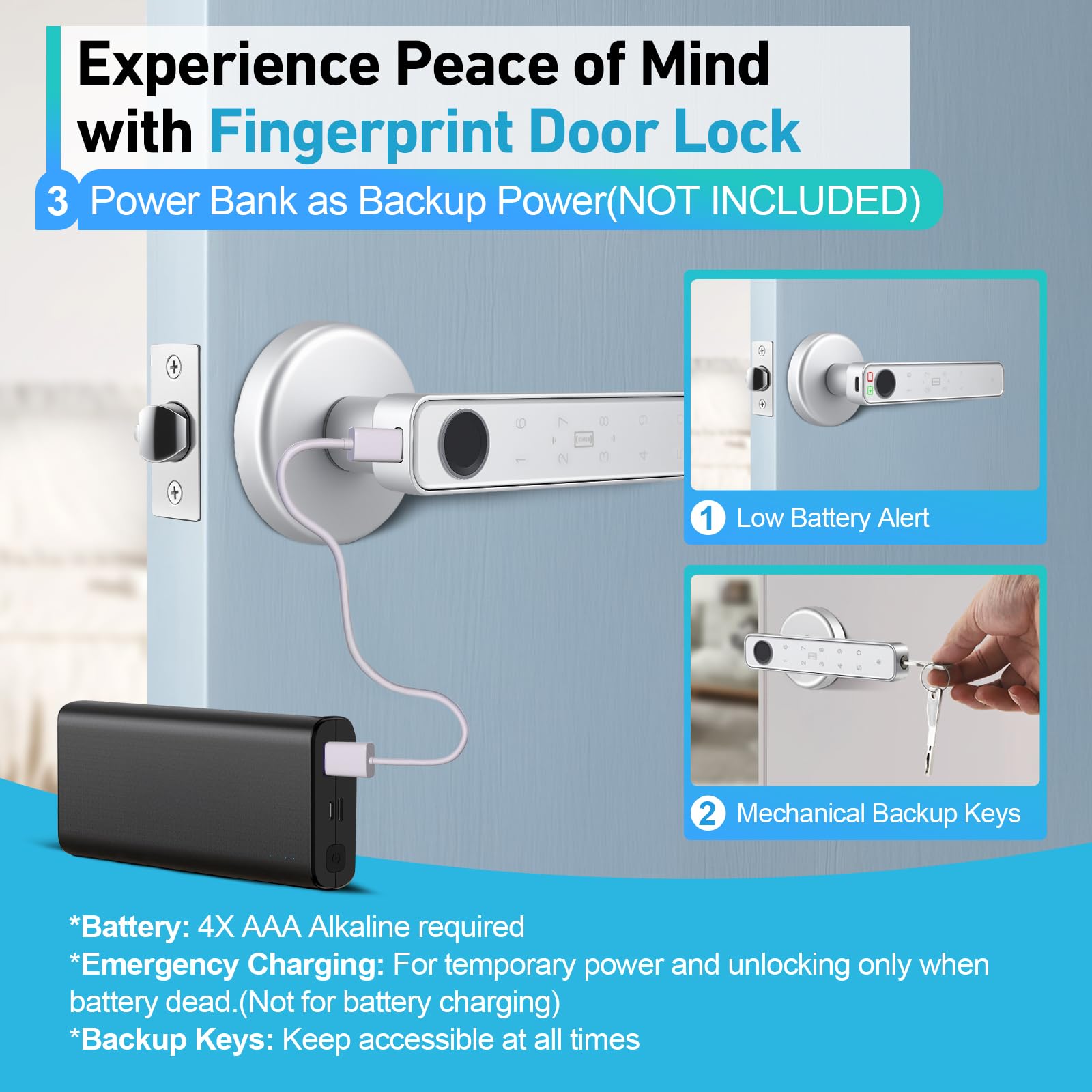 Serrure de porte électrique intelligente avec empreinte digitale, Smart Lock pour porte intérieure – Serrure électronique à empreinte digitale avec Bluetooth, mot de passe, application, carte IC et
