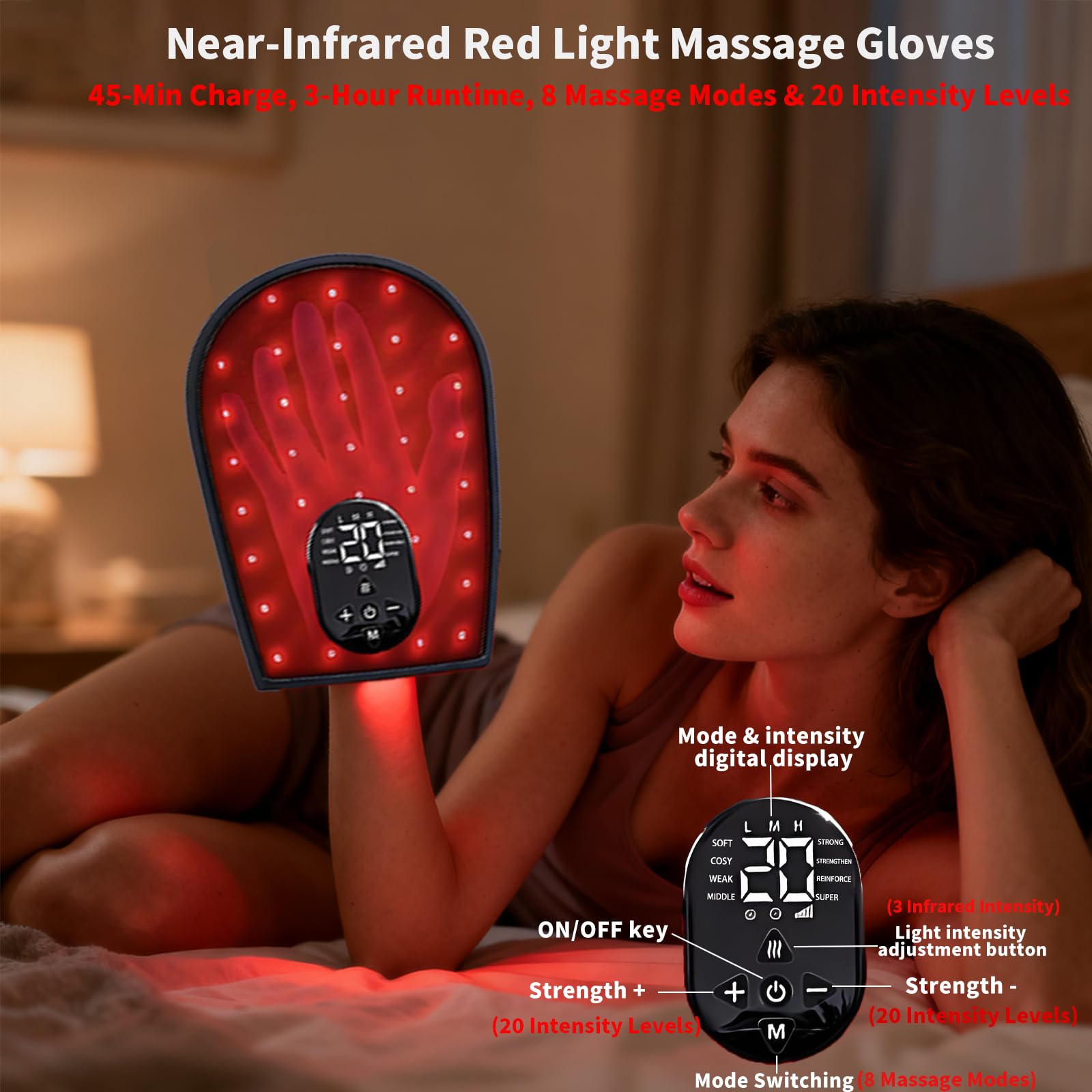 Gants de thérapie par lumière rouge pour les mains, appareil infrarouge, massage sans fil & 8 modes, 76 LEDs à lumière infrarouge proche 660nm & 850nm pour les doigts, la paume, le poignet