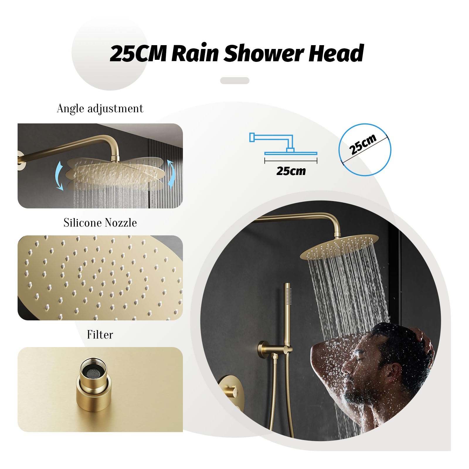 Unterputz Duscharmatur Set Gold Gebürstet 2 Funktionen | Rostfrei Metallarmaturen, Einstellbare Warm und Kaltwassermenge, 25X25cm Runder Regenduschkopf, Facile da Mantenere