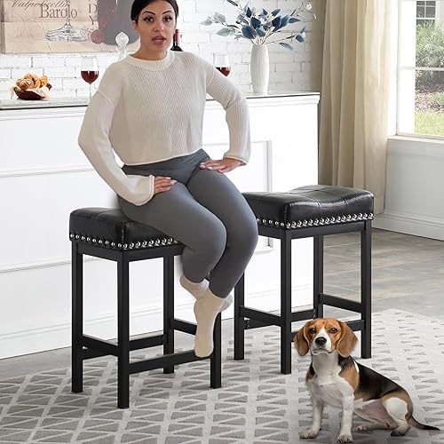 Miniatura 7 de KORZEY Juego de 3 taburetes de bar de 24 pulgadas de altura de mostrador, taburetes de bar de piel sintética, marco de metal para isla de cocina,