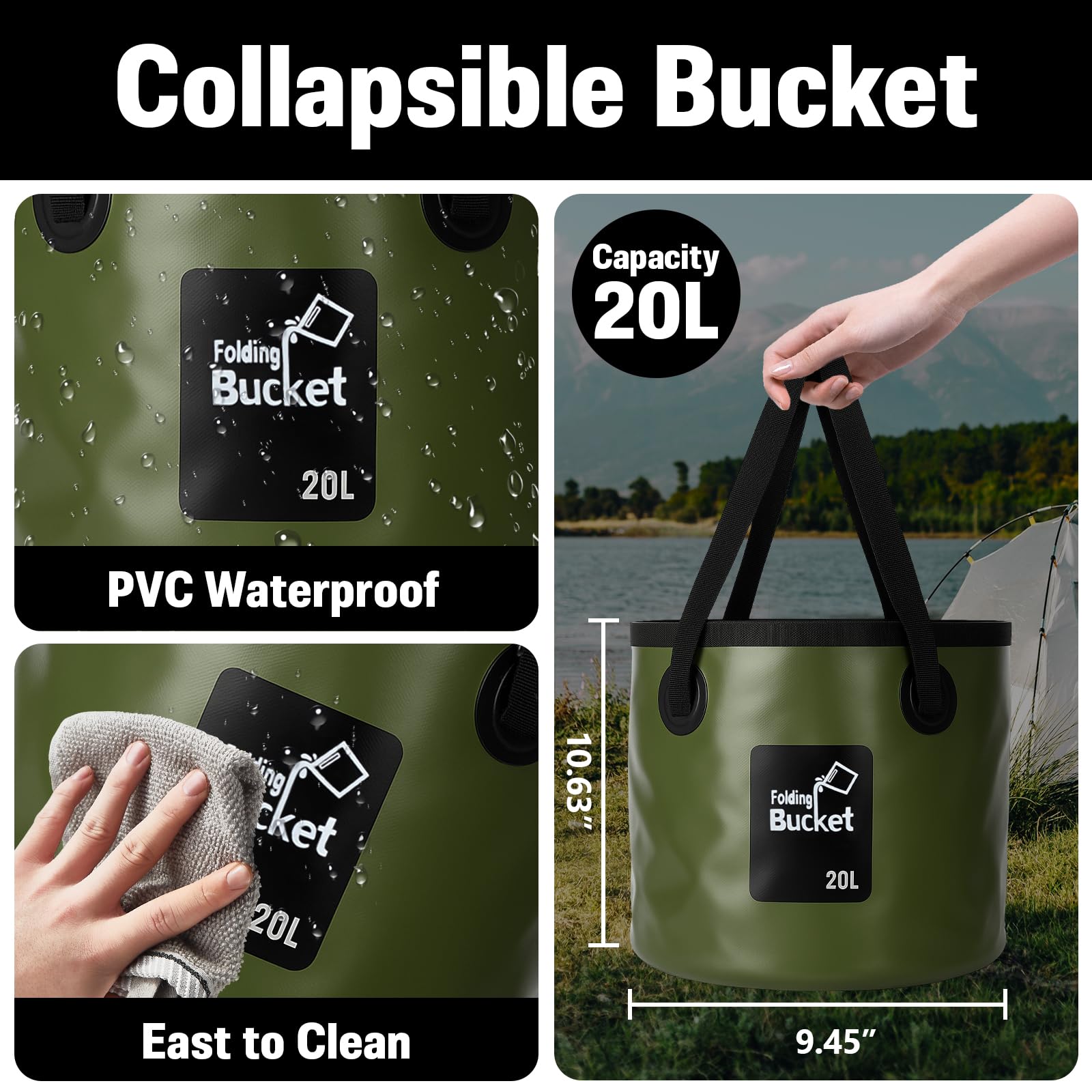 Cubo Plegable de 5.3 galones con asa, contenedor portátil Plegable para almacenar Agua en campamentos, Ideal para Viajes, Senderismo, Pesca, Lavado de Autos, jardinería y Camping