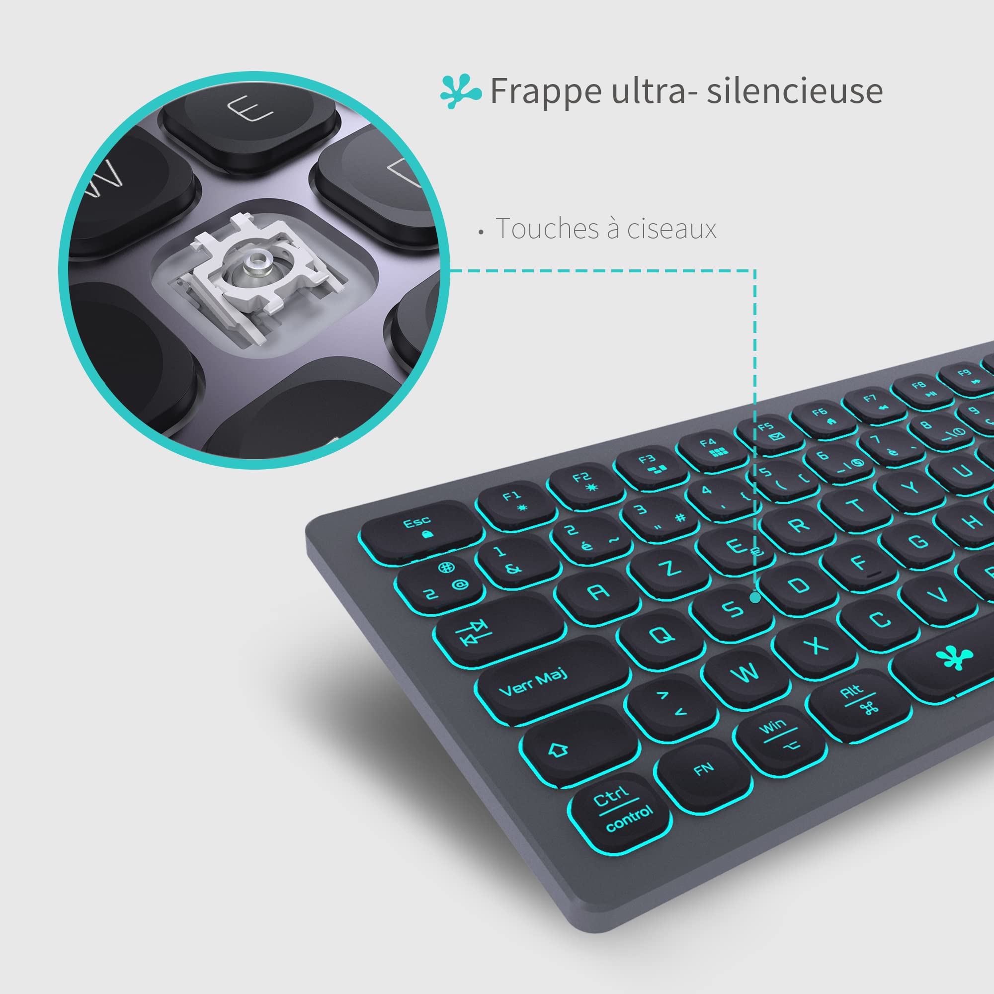 Clavier rétroéclairé Filaire Slim – avec boîtier en Aluminium, Pavé numérique et éclairage RGB - Connextion USB pour Apple iMac, Macbook, Mac and PC - Layout AZERTY - Gris