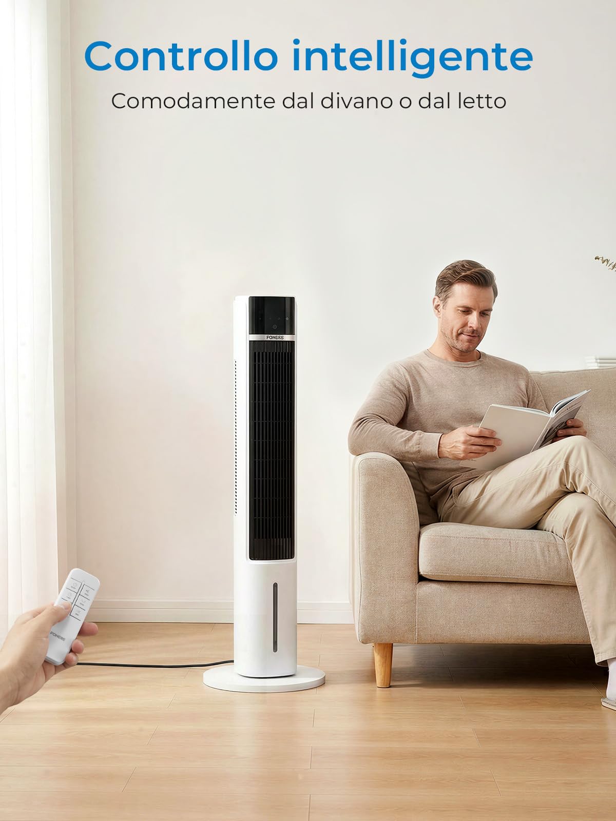 FOHERE Raffreddatore ad aria e raffreddamento ad acqua, ultra silenzioso, ventilatore a torre con Air Cooler, timer 24 ore, telecomando, serbatoio dell'acqua da 3,2 l, per soggiorno, camera da letto