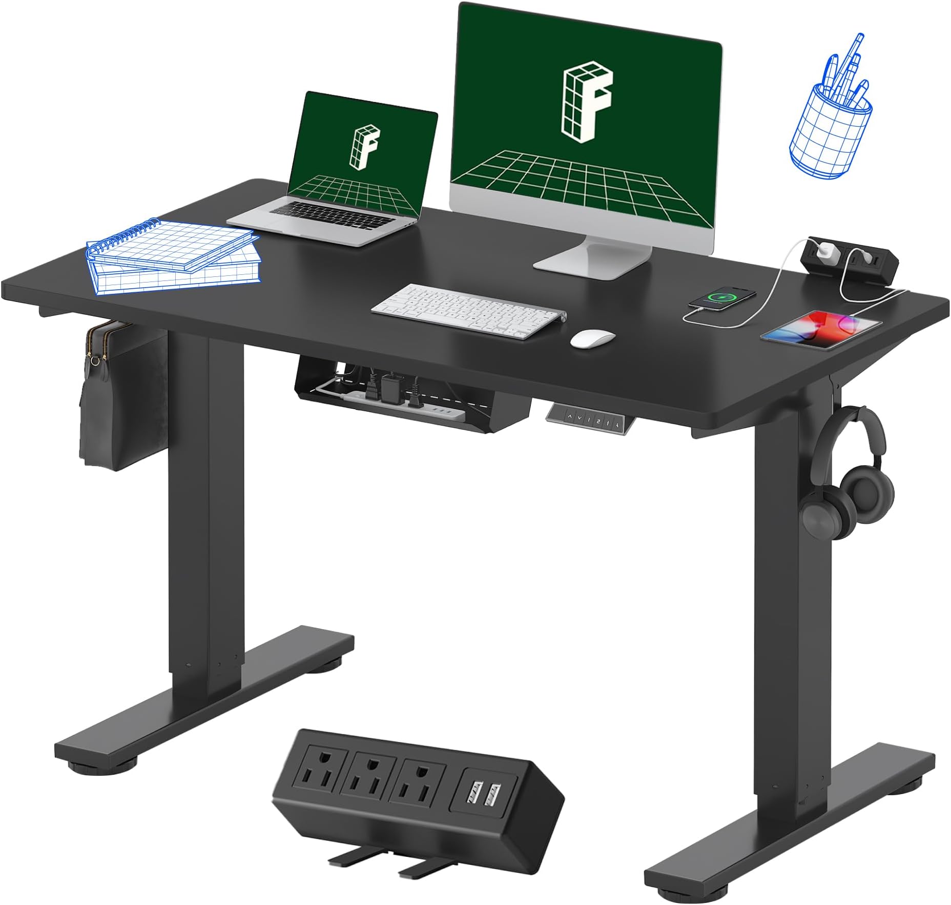 FLEXISPOT EN2 Holepiece Standing Desk with Clamp Power Tap 48" x 24" Electric Stand Up Height Adjustment Desk with Cable Management (Black Frame + 48" Black Table Top)