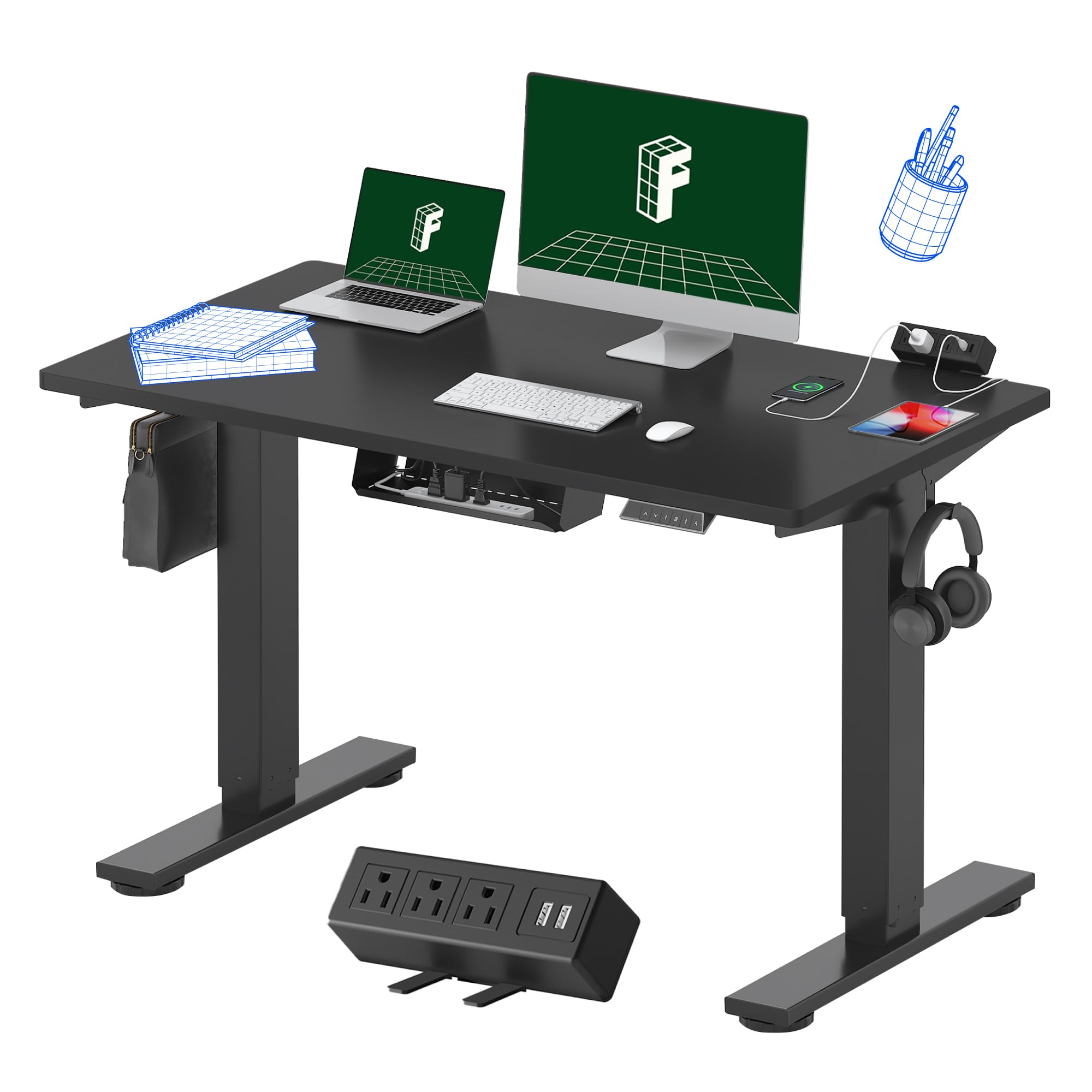 FLEXISPOT EN2 Whole-Piece Standing Desk with Clamp Power Strip, 48x24'' Electric Stand Up Height Adjustable Desk with Cable Management (Black Frame +