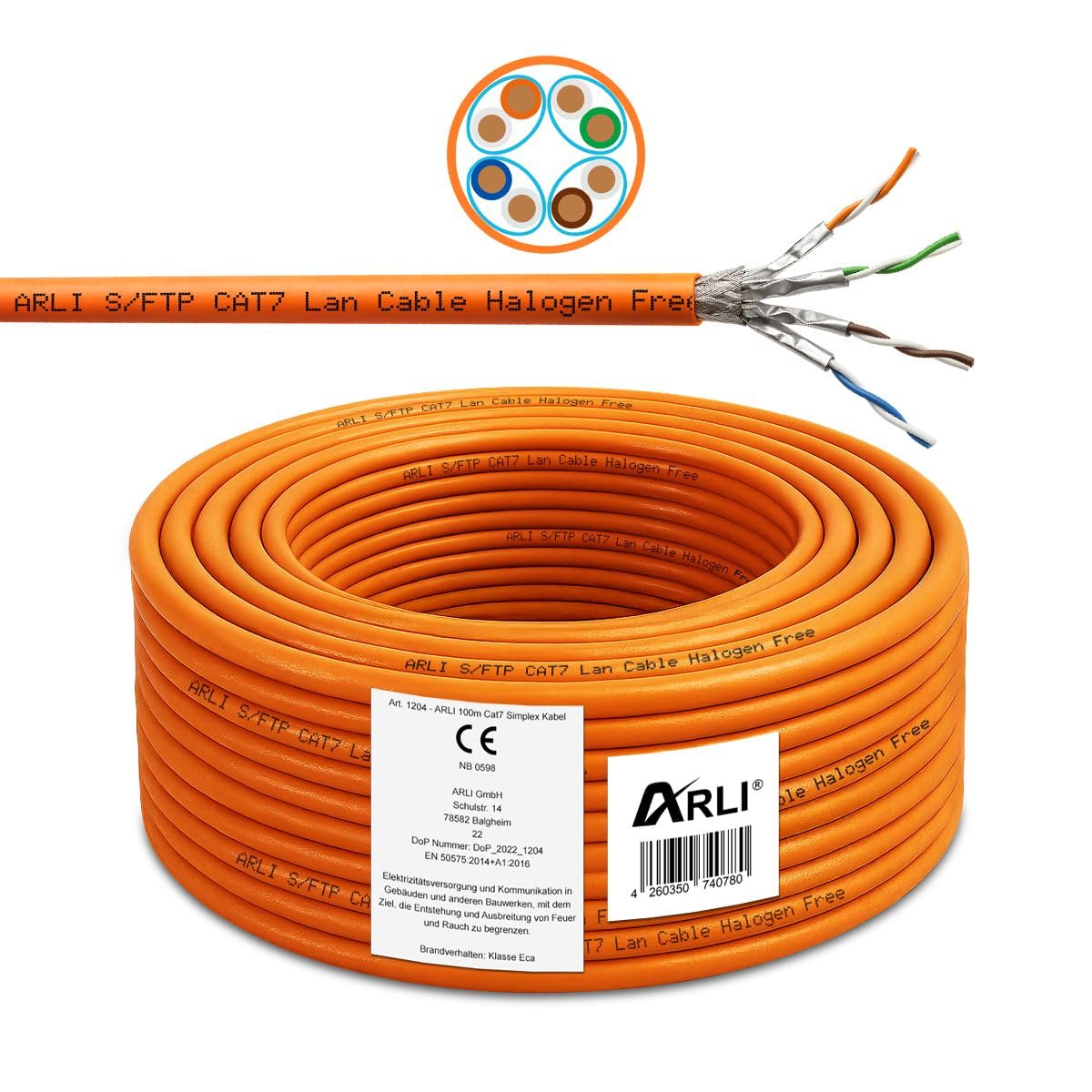 ARLI Cavo di rete CAT 7 LAN, non alogeno, SFTP S/FTP CAT7, cavo PIMF, cavo dati di cablaggio CAT7 AWG23/1, arancione, in rame, schermato, Gigabit Ethernet, classe F 100m