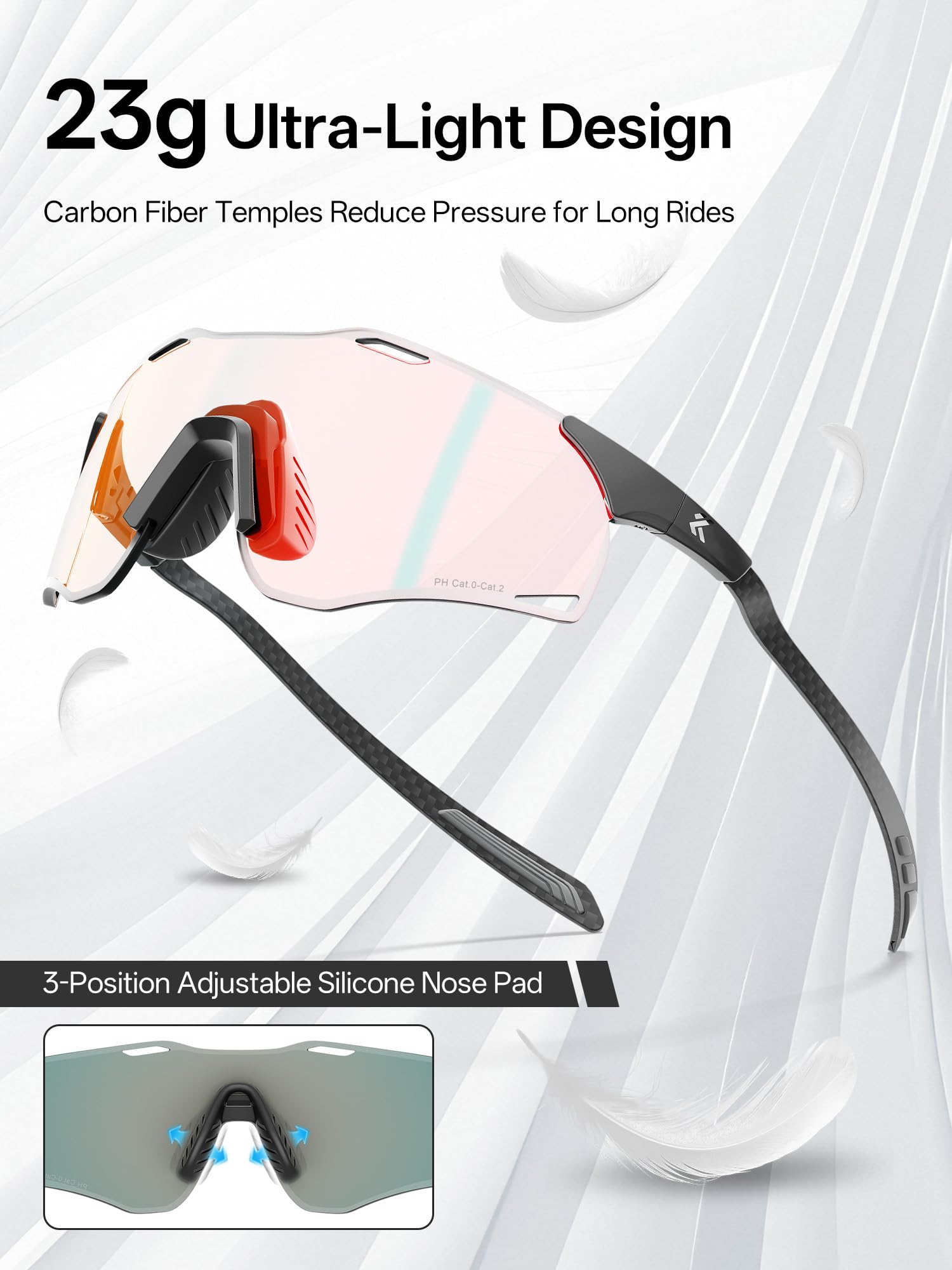 KAPVOE K454I Gafas Deportivas de Ciclismo Fotocromáticas Patillas Carbono | Para hombre y mujer, con patillas ligeras de fibra de carbono, ideales para ciclismo, running, MTB, béisbol y pickleball