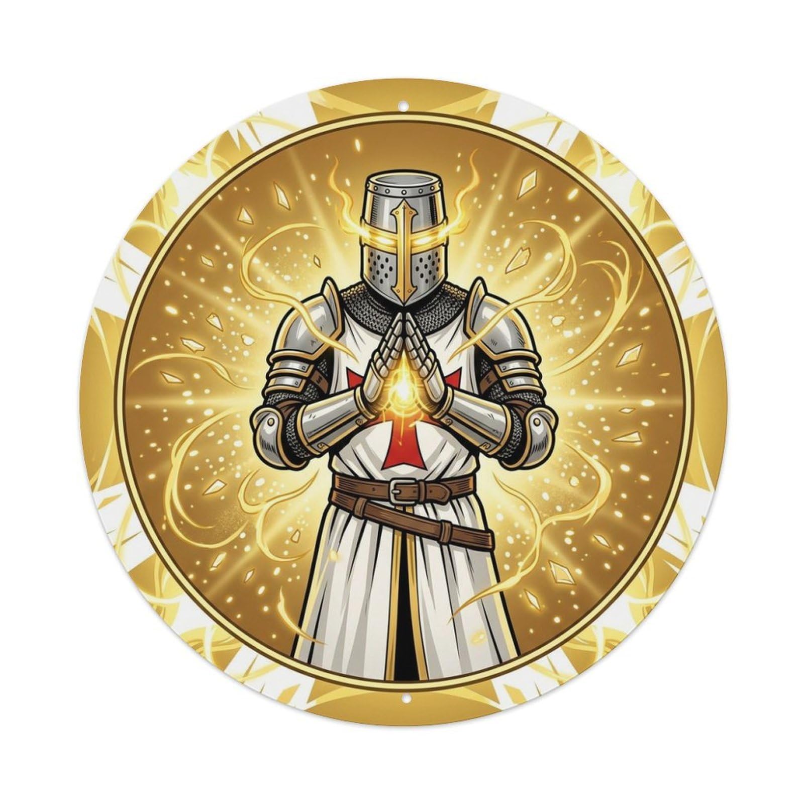 Divine Aura Anime Medieval Holy Sacred Templar Knight Paladin Metal Tin Sign Plaque Wall Decor for Cafe, Man Cave, Club Bar, Office, Home Garden Round Metal Poster 8x8Inch