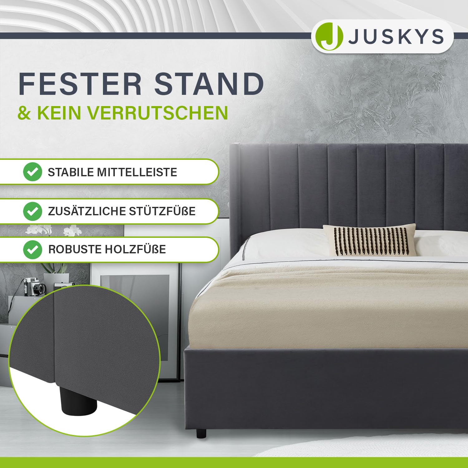Juskys Polsterbett Savona 140x200 cm mit Matratze, Bett mit Stauraum, Samt-Bezug, Bettgestell aus Holz, bis 250 kg, großes Kopfteil, Dunkelgrau