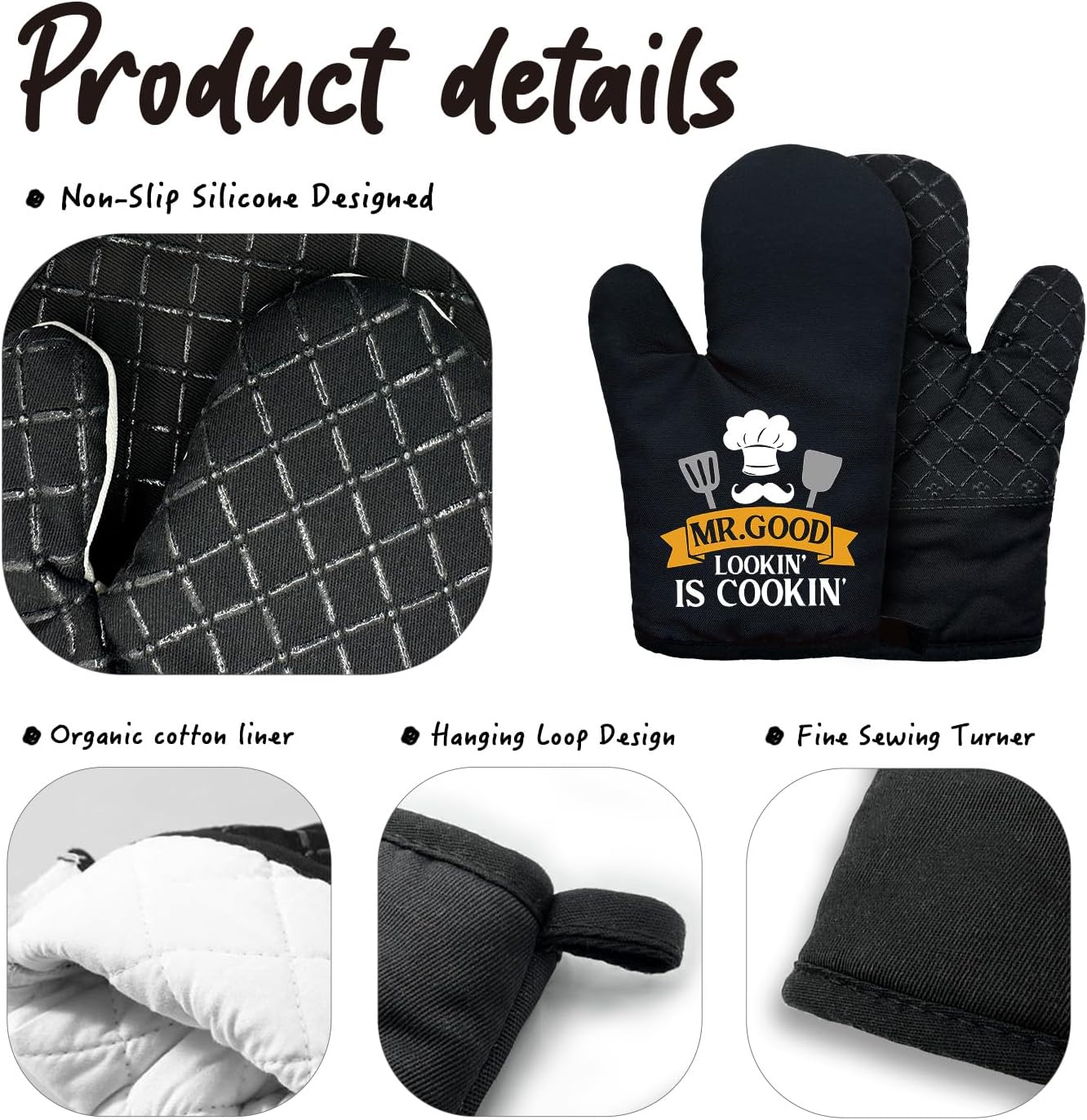 Mr.Good Lookin' is Cookin' Funny Black Oven Mitts with Hanging Loop and Silicone Non-Slip, Family Cooking Baking Kitchen Utensils 2-Piece Set, Valentine's Day Gifts for Husband Wife Chef - Image 3