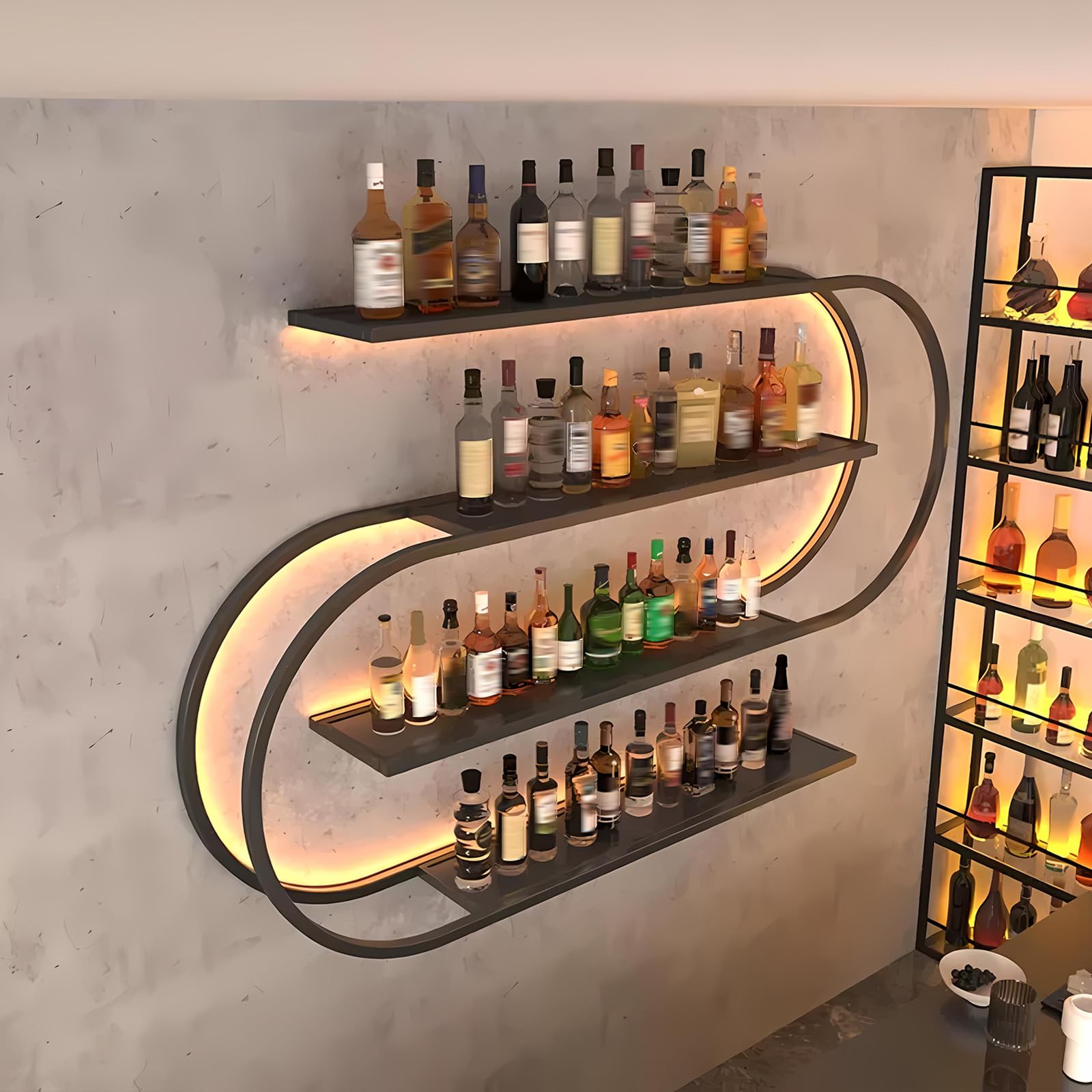 120cm Portabottiglie da Parete, 4 livelli multifunzione Espositore Portabottiglie, Porta bottiglie di vino da parete con supporto in vetro nero per Bar, Sala da Pranzo, Cucina (nero, 120cm)