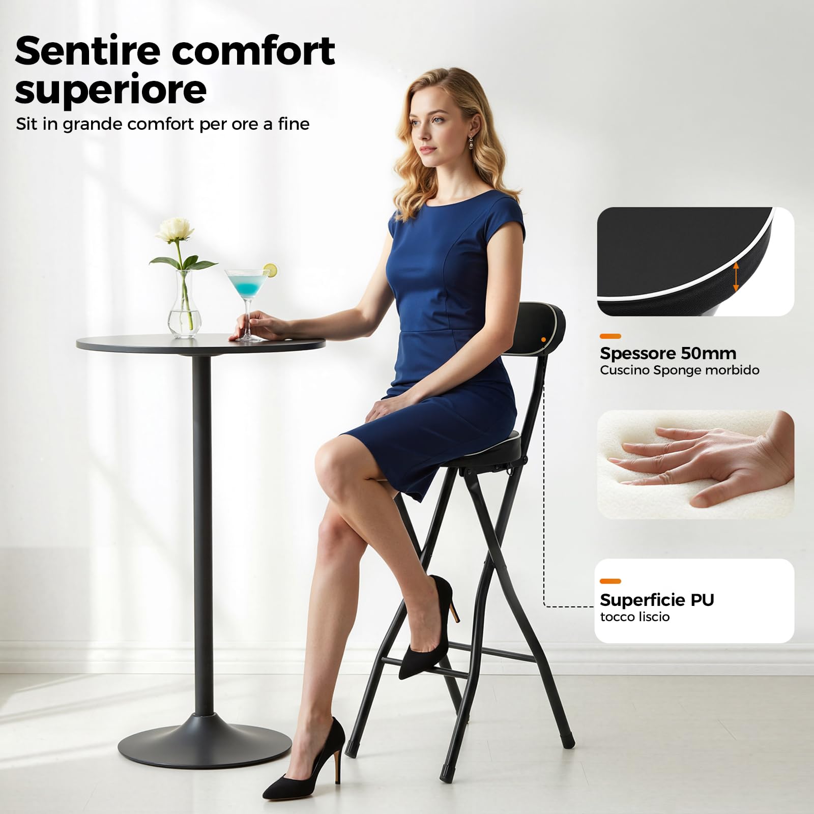 Set di 2 sgabelli da bar pieghevoli con schienale, altezza 65 cm, seggiolone, pieghevole, per bar e bancone, portata 125 kg (nero, 65 cm)