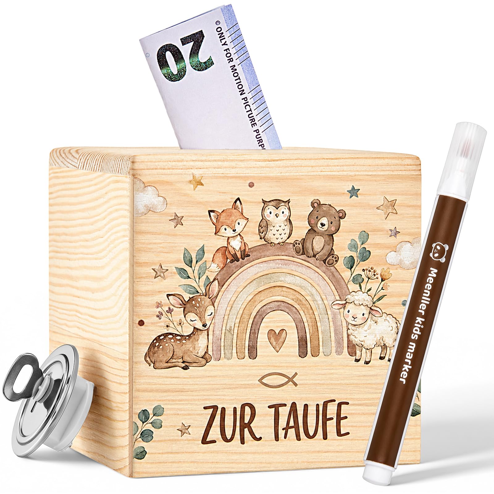 Jadive Spardose Holz mit Schlüssel und Marker 10 x 10 cm Holzspardose Personalisiert Taufgeschenk für Mädchen/Jungen Taufspardose zur Geburt Einschulung