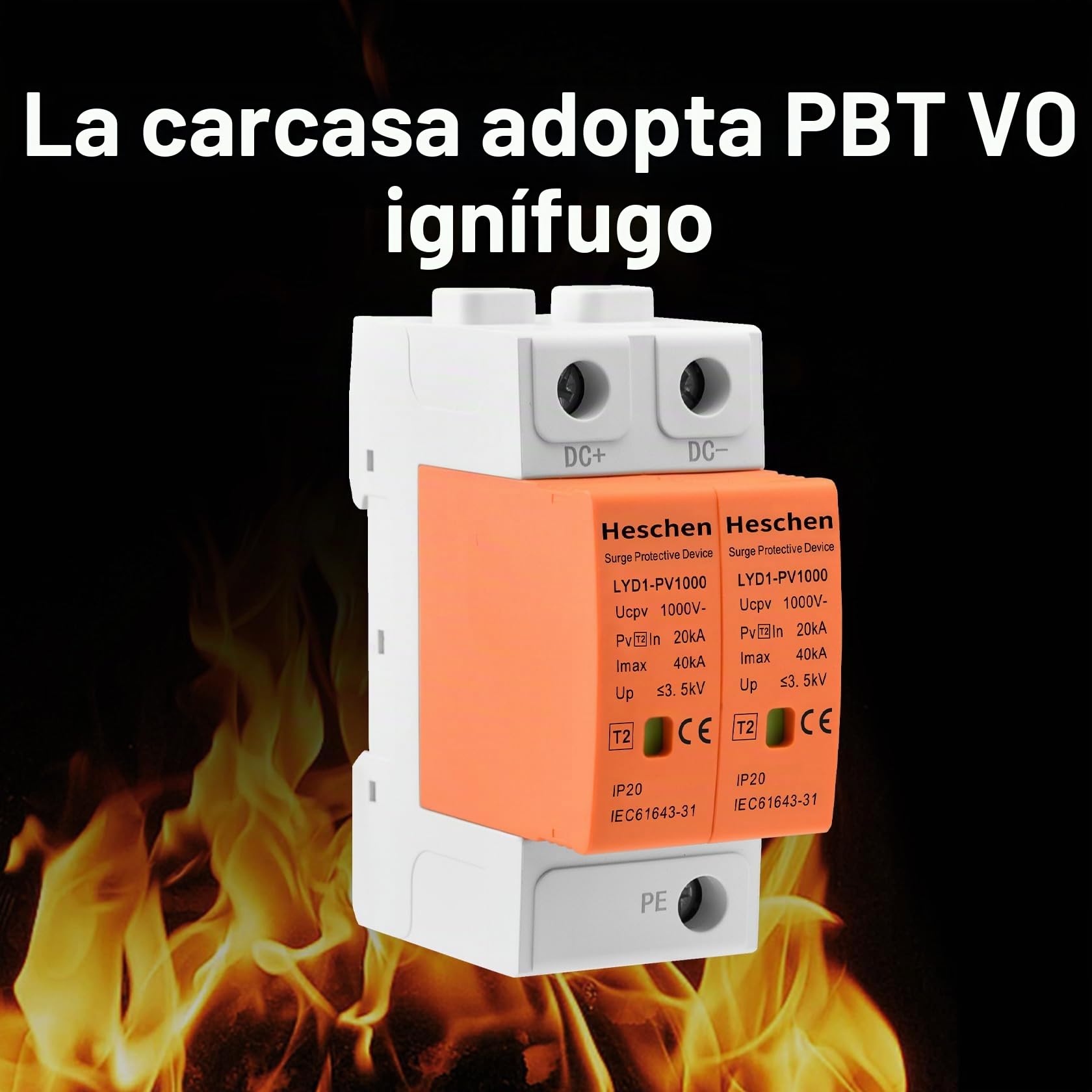 Heschen 1 Piezas Protector de Sobretensiones PV 1000VDC 2P, Descargador de Sobretensiones Fotovoltaico SPD 20kA/40kA Tipo 2, Protección contra Rayos Carril DIN 35mm