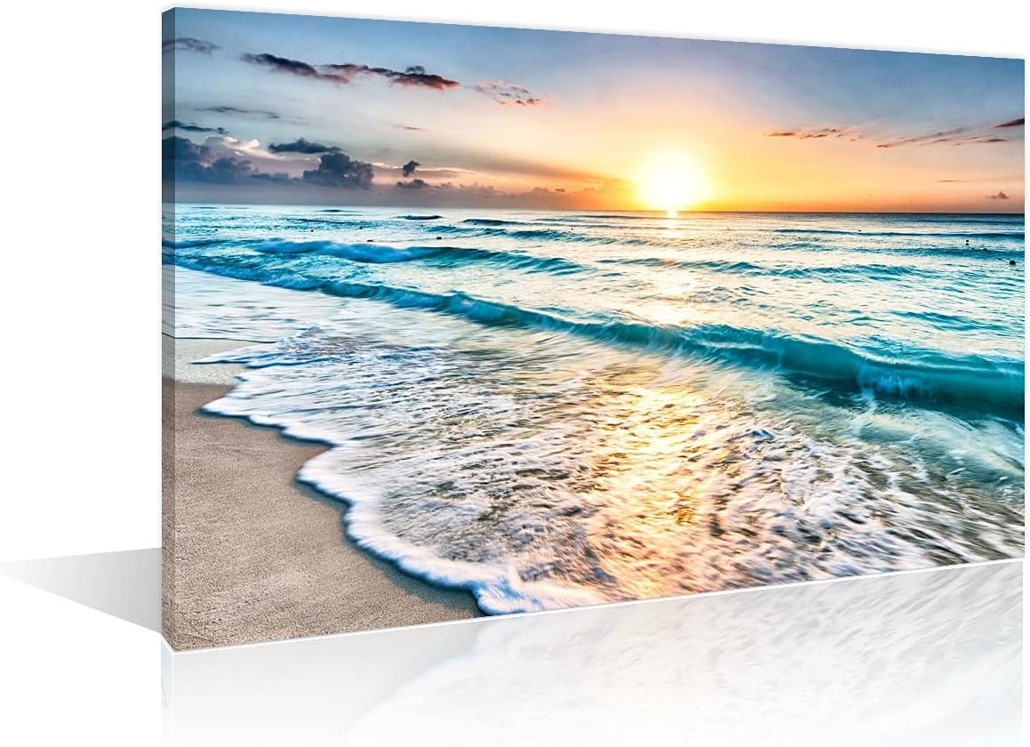 TISHIRON Wall Decorations Beach Sunset Wave For Home Modern Decor Blue Ocean Sea Painting Pictures Print On Canvas Wall Art Wooden Frame Ready To Hang(18X12in)