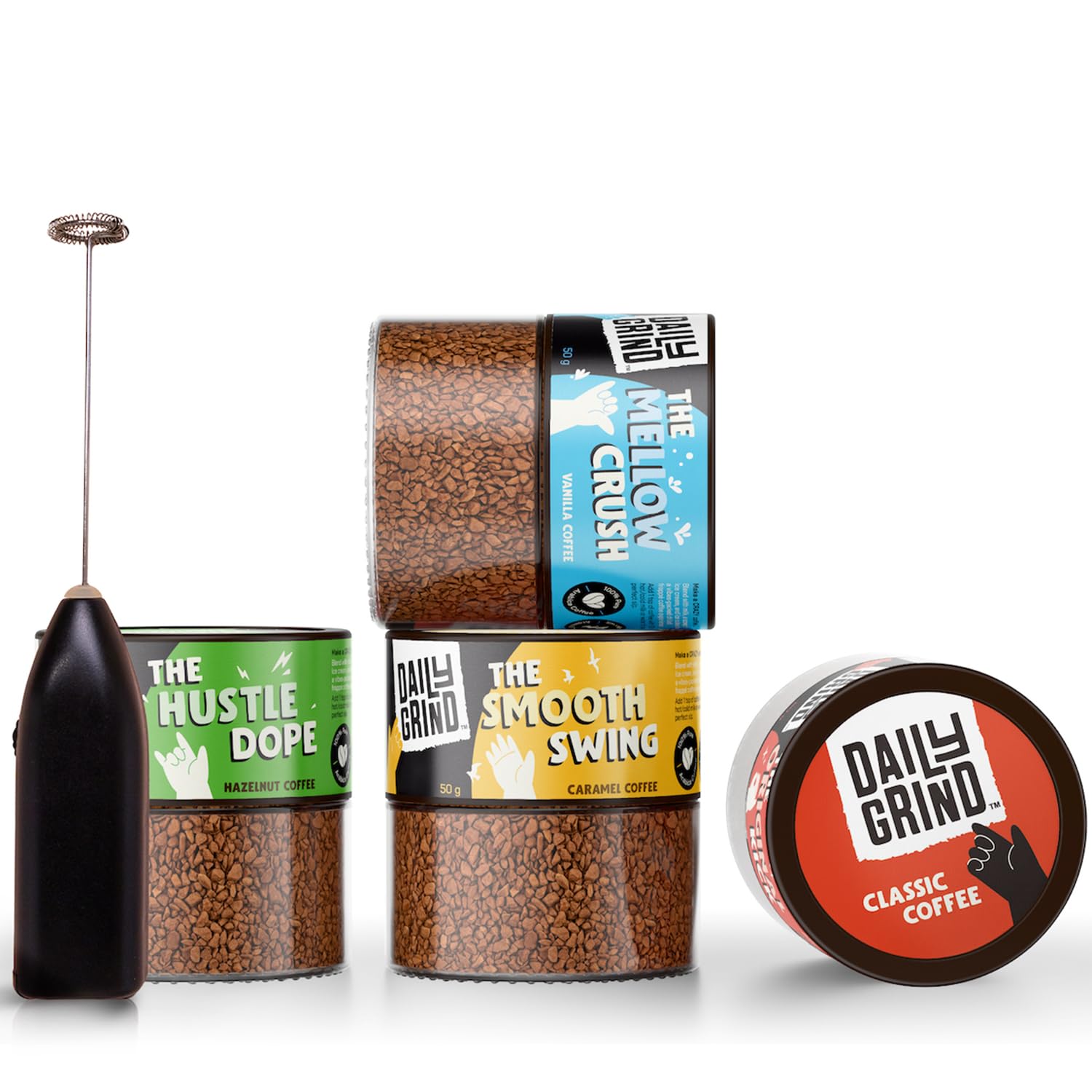 DAILYGRIND Classic, Hazelnut, Vanilla, Caramel Flavoured Instant Coffee Combo (50g x 4) With Free Coffee Frother | 100% Arabica Freeze-Dried Coffee| Quick Hot & Cold Brews (4 Jars + 1Frother)