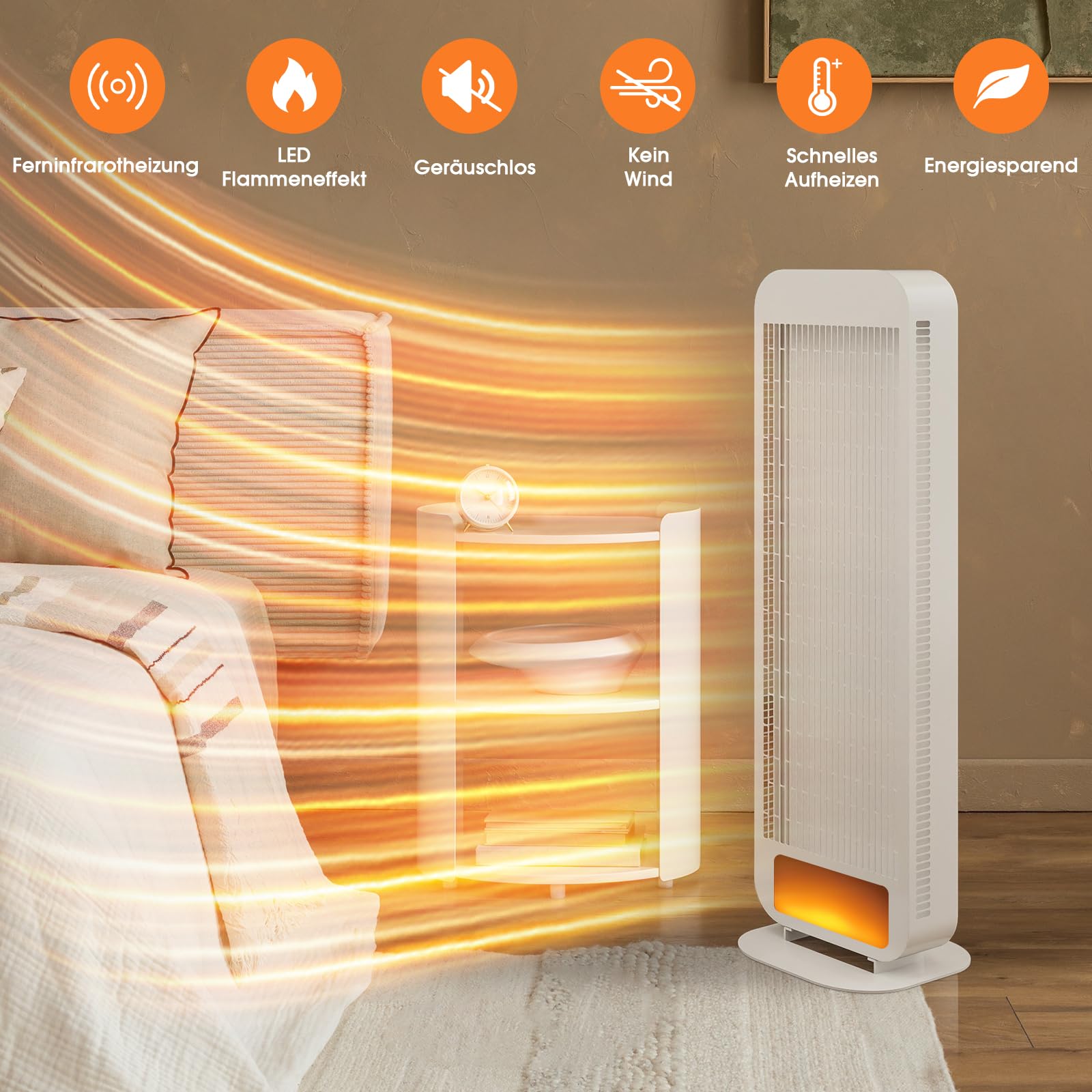 Infrarotheizung Standgerät Standfuß, Infrarot Heizstrahler mit LED Flammeneffekt, Infrarotstrahler 1400 Watt, Standheizstrahler mit Drehknopf, Standheizung Elektrisch, Elektroheizung, Strahlend, Weiß