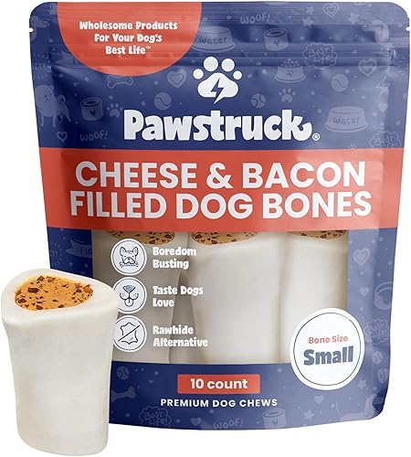 Pawstruck Huesos de perro pequeños rellenos de 3 pulgadas, sabor a queso y tocino, hecho en Estados Unidos, fémur relleno de larga duración para