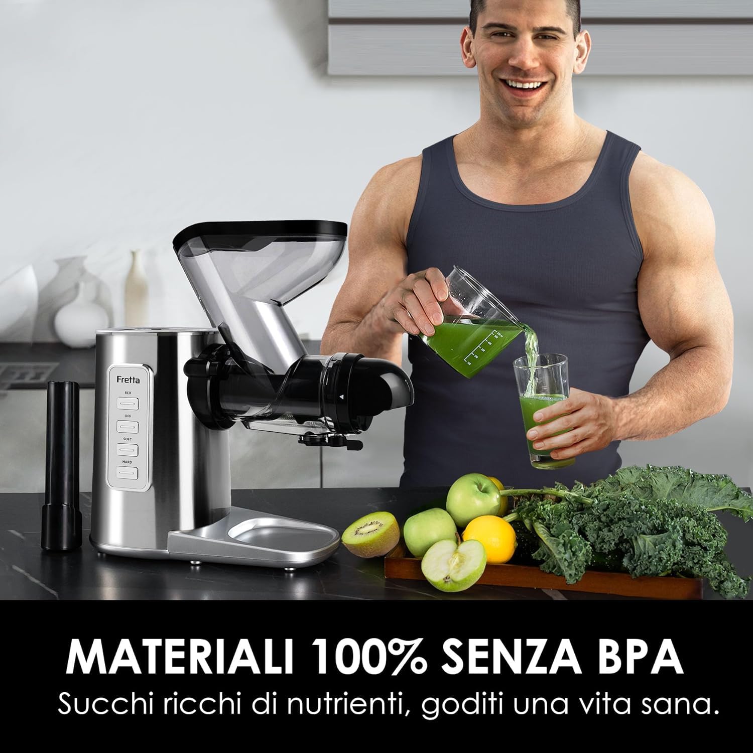 Fretta Professionale Estrattore di Succo a Freddo Lento, Acciaio Inossidabile per Frutta e Verdura, Motore DC Silenzioso, Alta Resa di Succo, Senza BPA, Facile da Pulire (sliver)