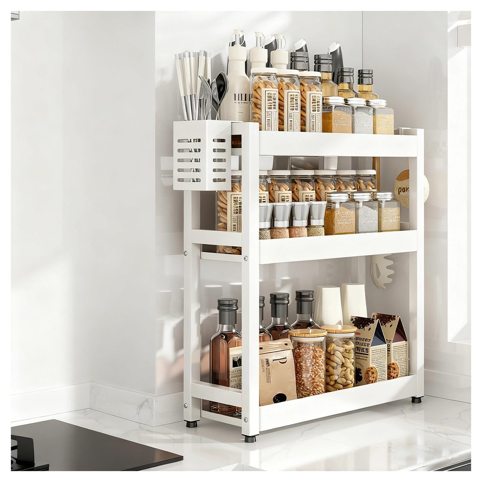 GLJTUO 3-Tier Spice Rack - Standing Desktop Storage Shelf with Hooks & Utensil Holder - Kitchen & Bathroom nization - White, 50cm Countertop Solution for Pantry Storage (White 3,White-3 Tier-40cm
