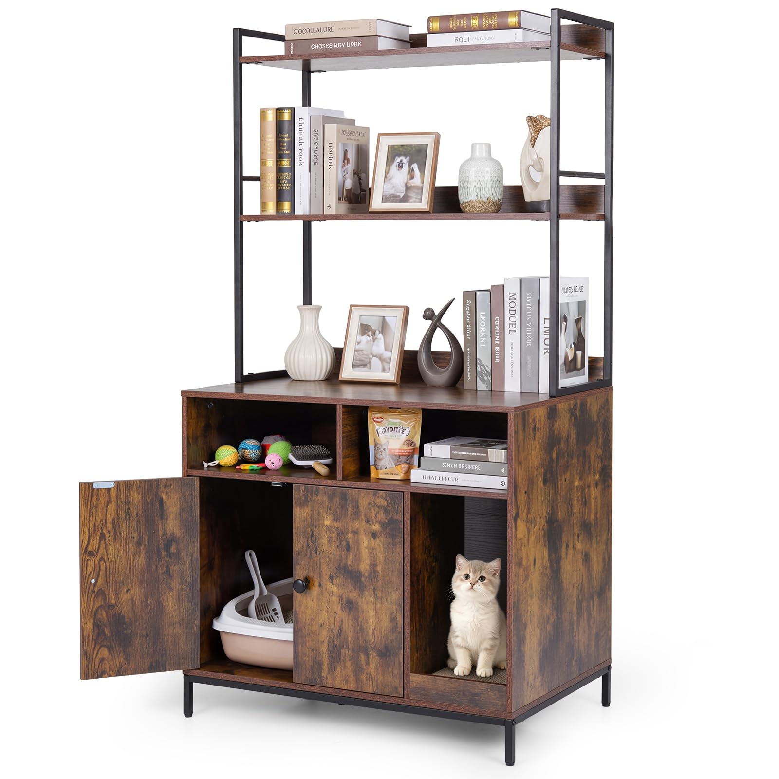 COSTWAY Cat Litter Box Enclosure, Hidden Cats Washroom Furniture with 2/3-tier Storage Shelves, Removable Scratching Pad, Wooden Cat House Bookshelf (Rustic Brown, 75x50x144cm)