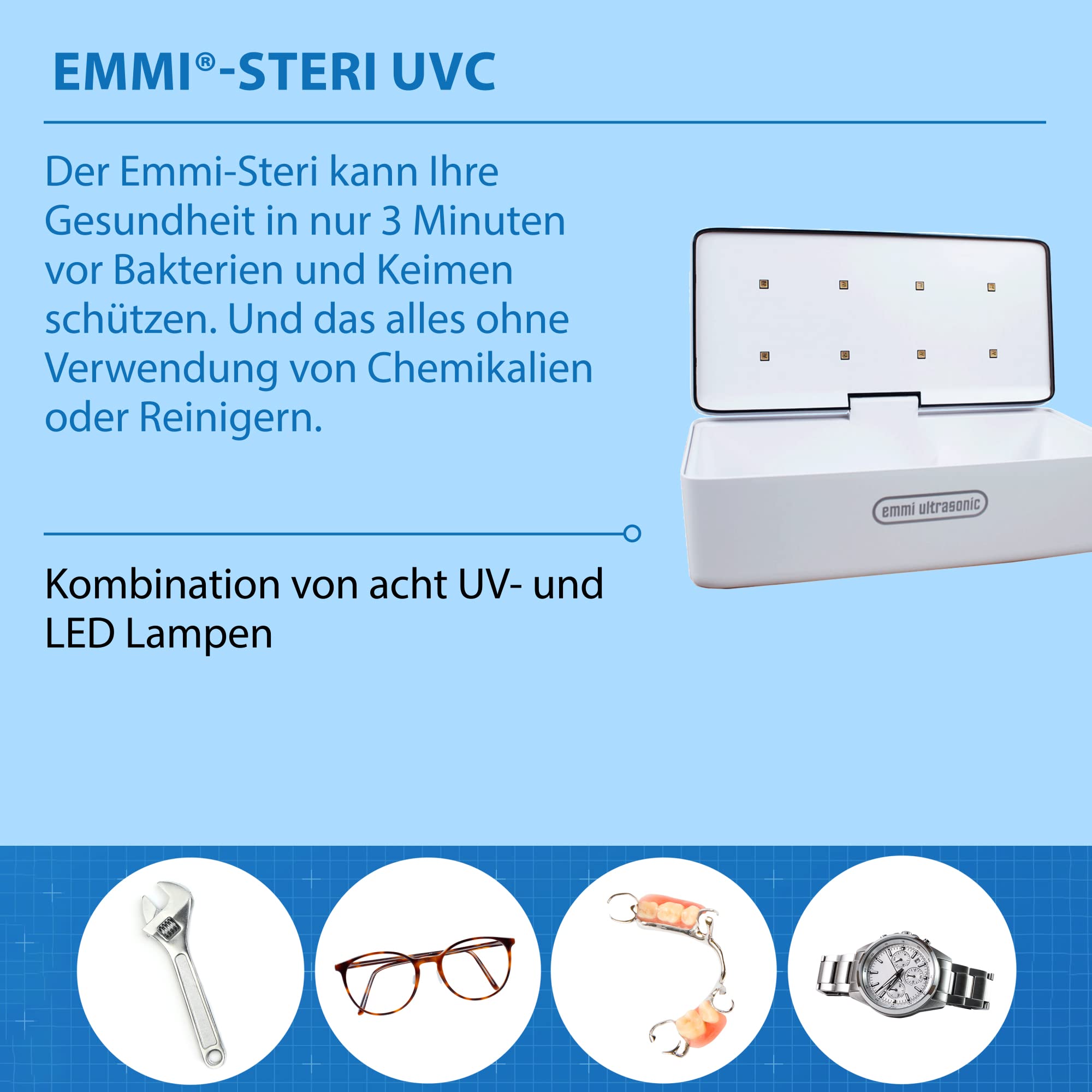 EMAG Steri UVC 8 LED-Lampen Desinfektions Box I UV Desinfektionsgerät für Handys, Brillen, Kugelschreiber & Bürstenaufsätze I UV Sterilisator tragbar