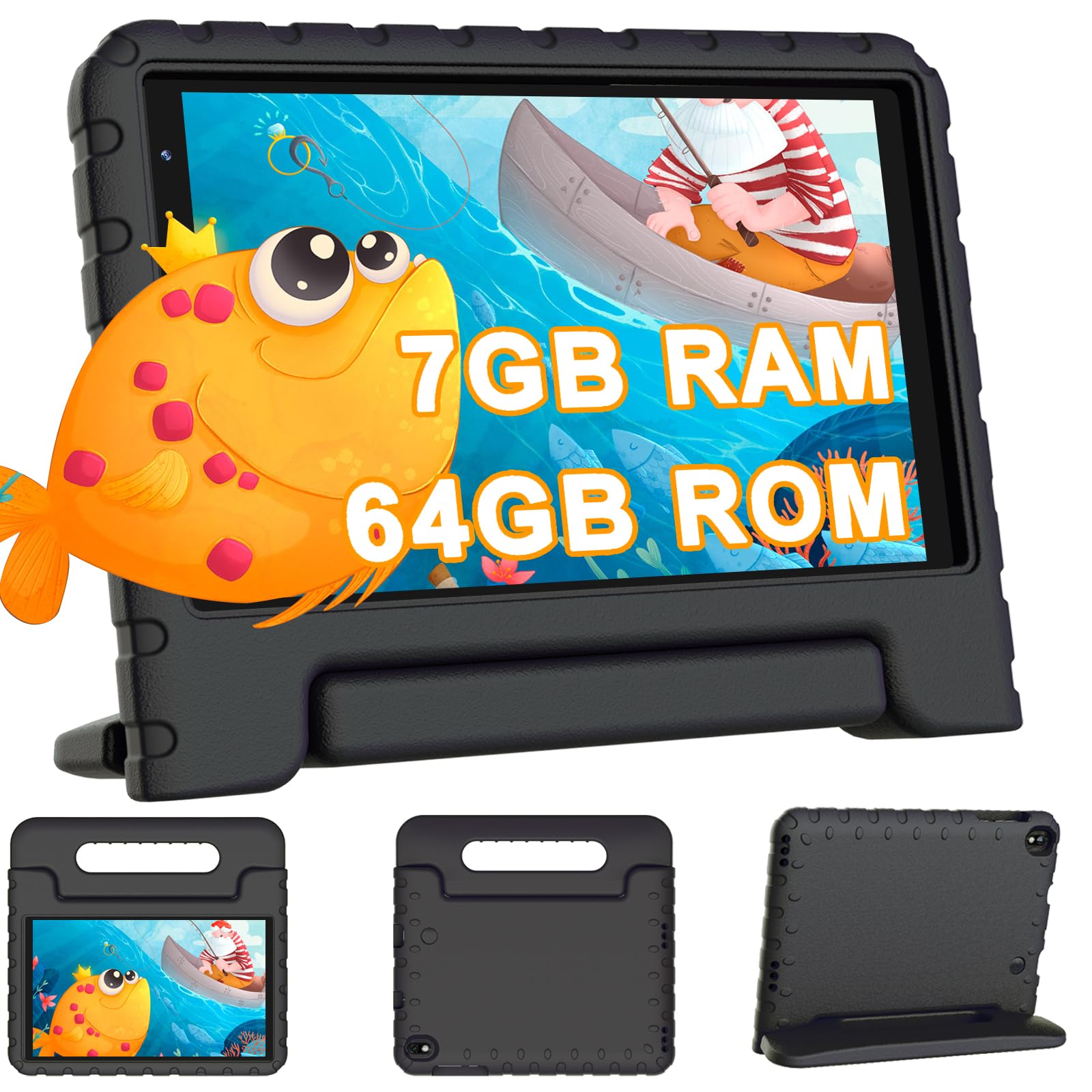 Tablette Enfants 8 Pouces Android avec 7 Go RAM + 64 Go ROM (Extensible jusqu'à 1 To), Wi-Fi 6, Contrôle Parental, Écran IPS 1280 x 800, Bluetooth 5.0, Tablette Tactile avec Étui EVA Antichocs, Noir