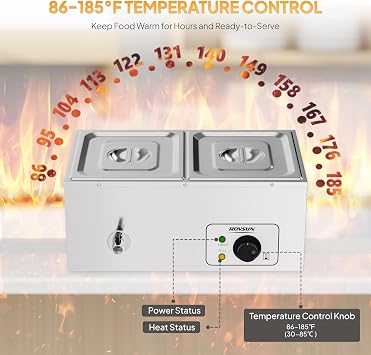 ROVSUN 21QT Electric Commercial Food Warmer, 2-Pan Steam Table Countertop, 10.6 QT/Pan Stainless Steel Bain Marie Buffet with Temperature Control & Lid for Parties, Catering, Restaurants 110V
