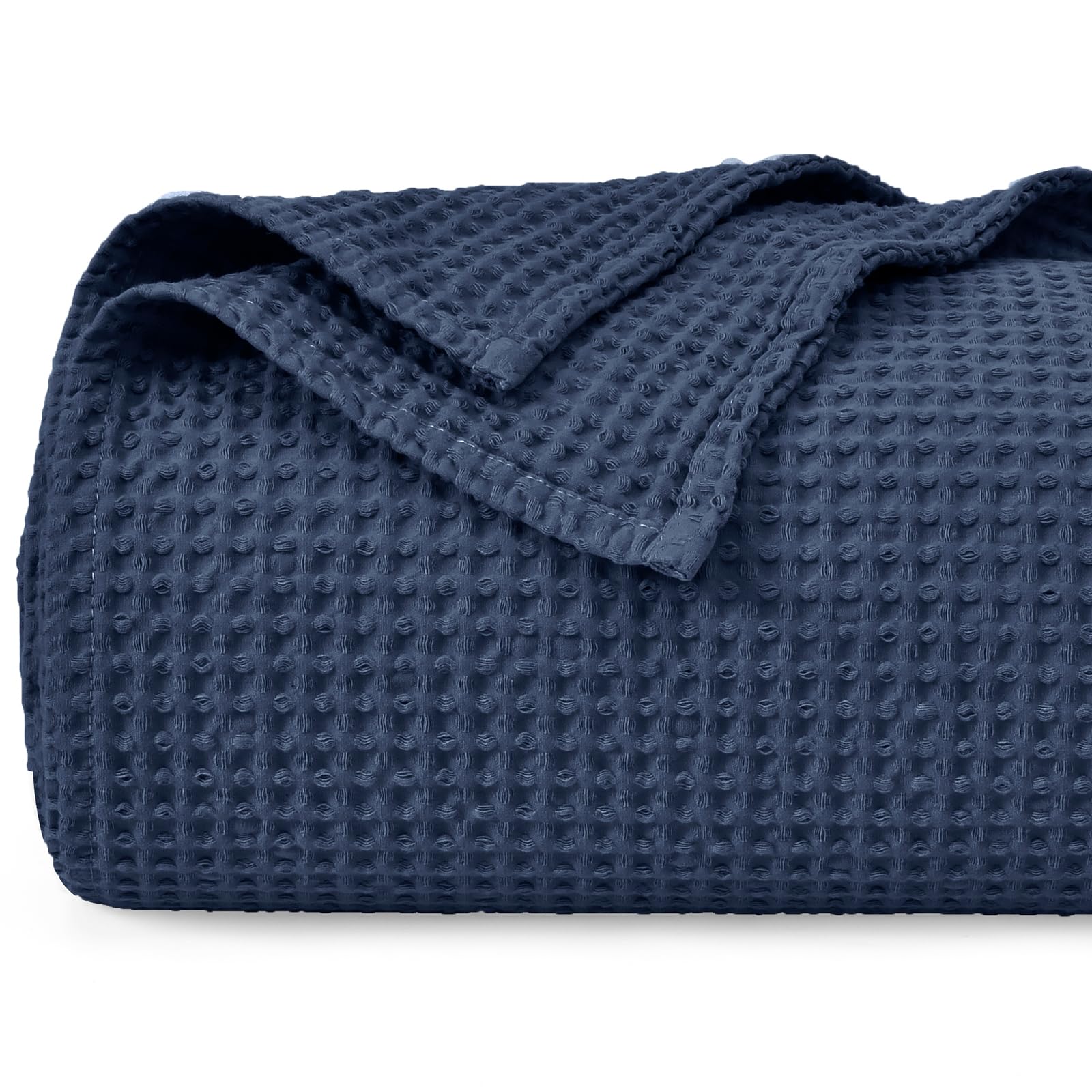 PHF Manta de punto gofre 100 % algodón, tamaño doble, 150 x 200 cm, prelavada, ligera, transpirable, para verano, certificado Oeko-TEX para cama, sofá, decoración del hogar, azul marino oscuro
