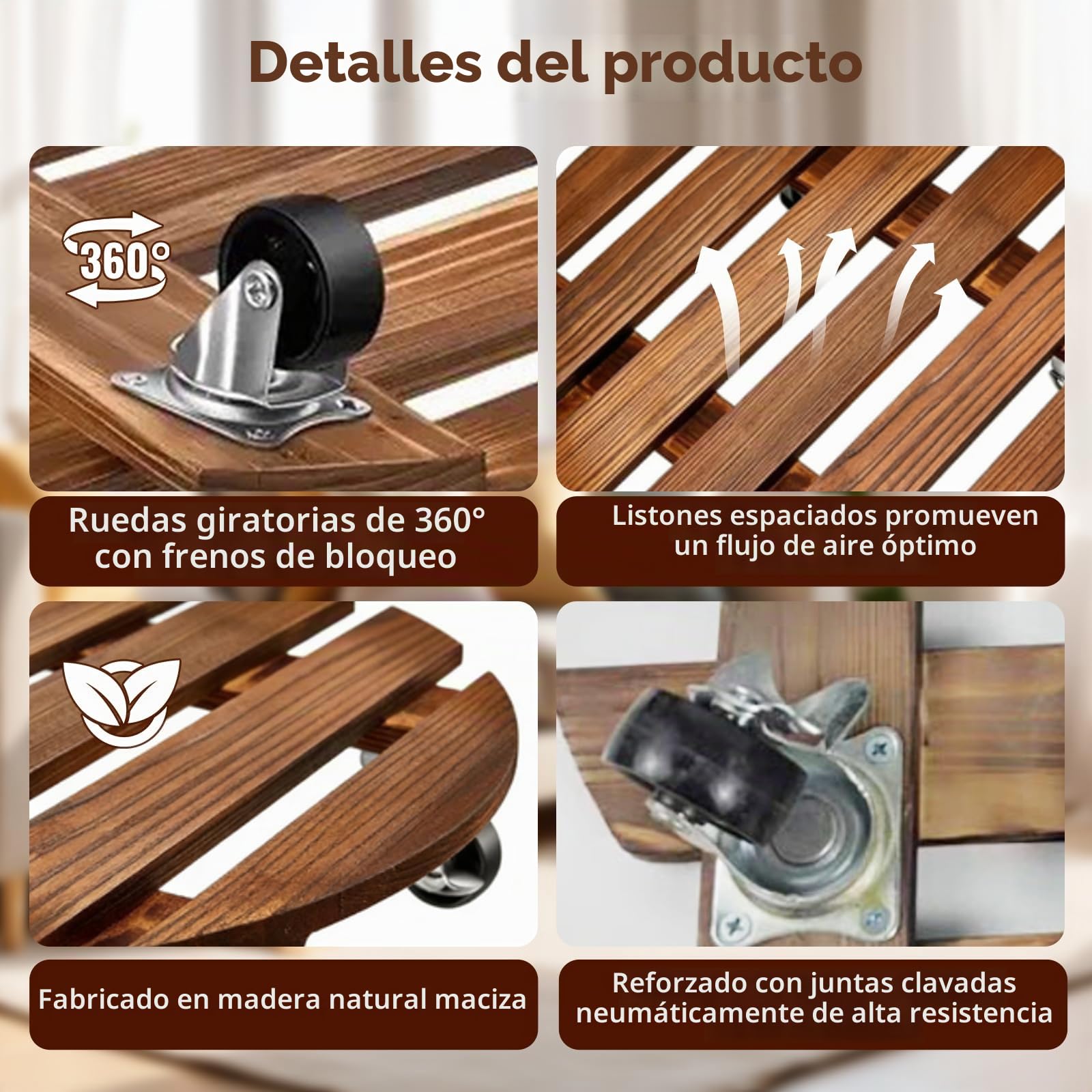 Juego de 2 Soportes para Plantas con Ruedas, Base Redonda de Madera de 30.5 cm, con Ruedas giratorias y bloqueables, Plantas Base Carretilla para Plantas, Interior Exterior Jardín Maceta