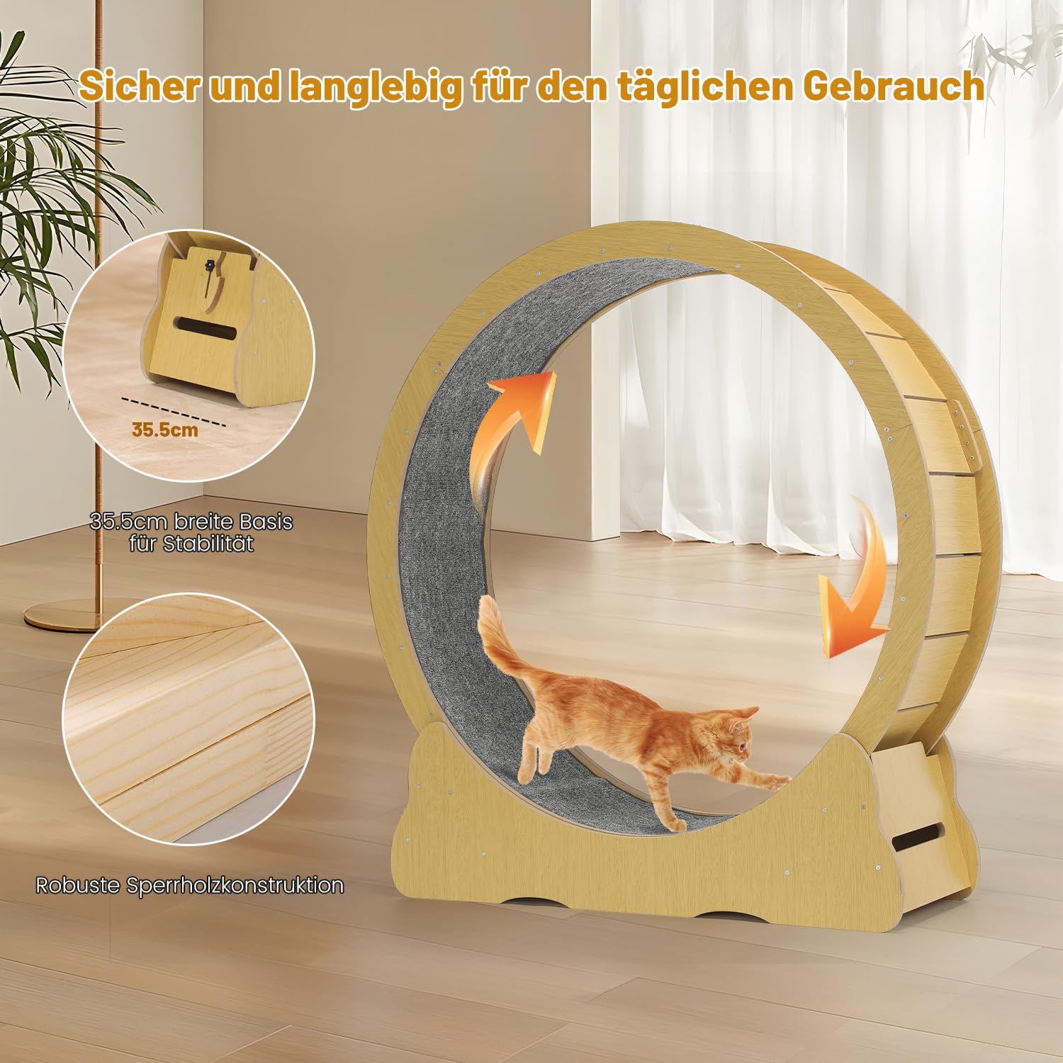 100cm Katzenlaufrad Indoor, großes Katzenrad aus Holz mit Teaser, leises Laufrad für Katzen 2-22kg, Katzen Treadmill mit Sicherheitsschloss & Rutschfester Lauffläche, für Wohnung und Haus, Gelb
